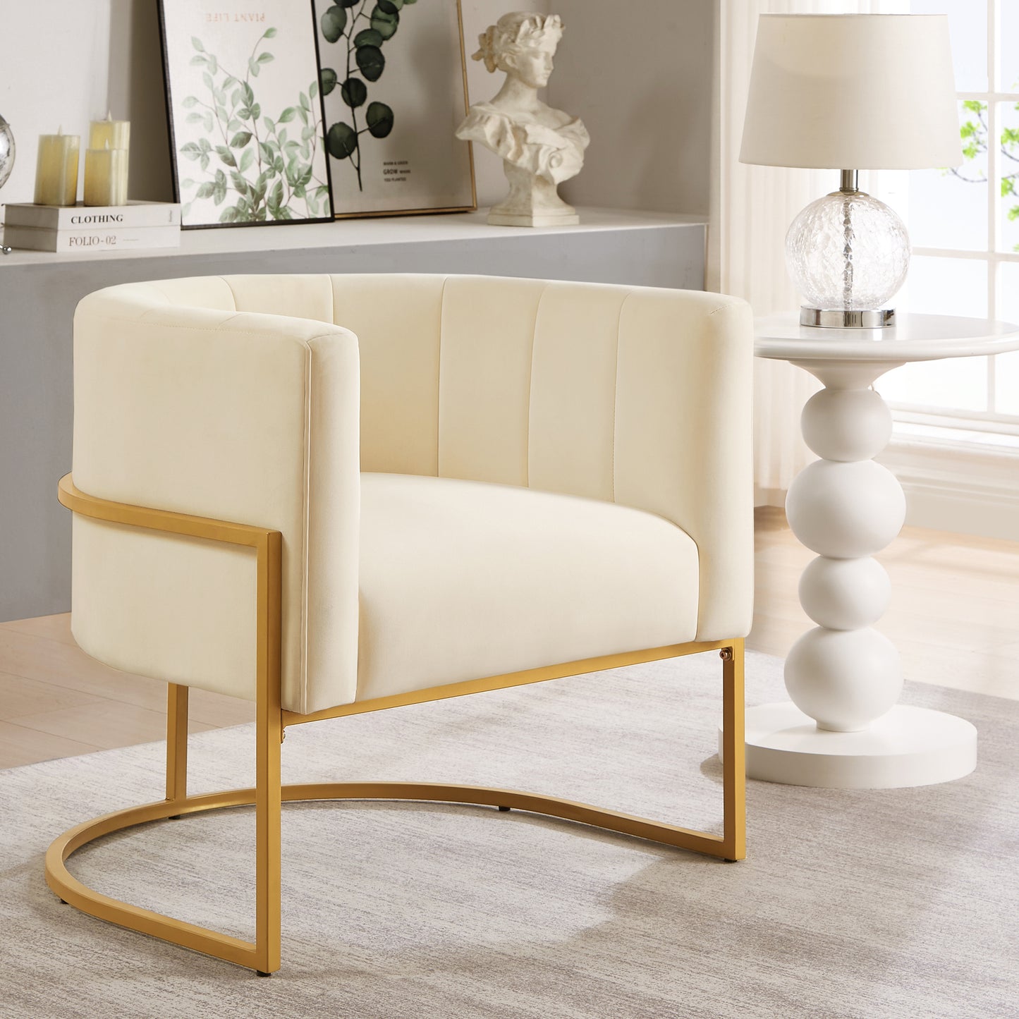 Upholstered Velvet Accent Chair with Golden Metal Stand,Mid-Century  Living Room Leisure Chair with Curve Backrest  -Cream