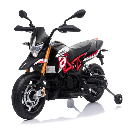 12V Aprilia Licensed Kids Ride On Motorcycle, 4-wheel Electric Dirt Bike with Spring Suspension, LED Lights, USB, MP3, Red