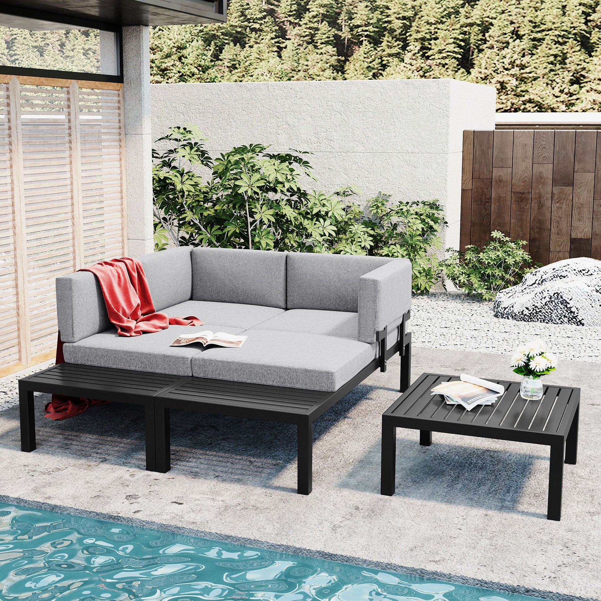 TOPMAX Outdoor 3-piece Aluminum Alloy Sectional Sofa Set with End Table and Coffee Table,Black Frame+Gray Cushion