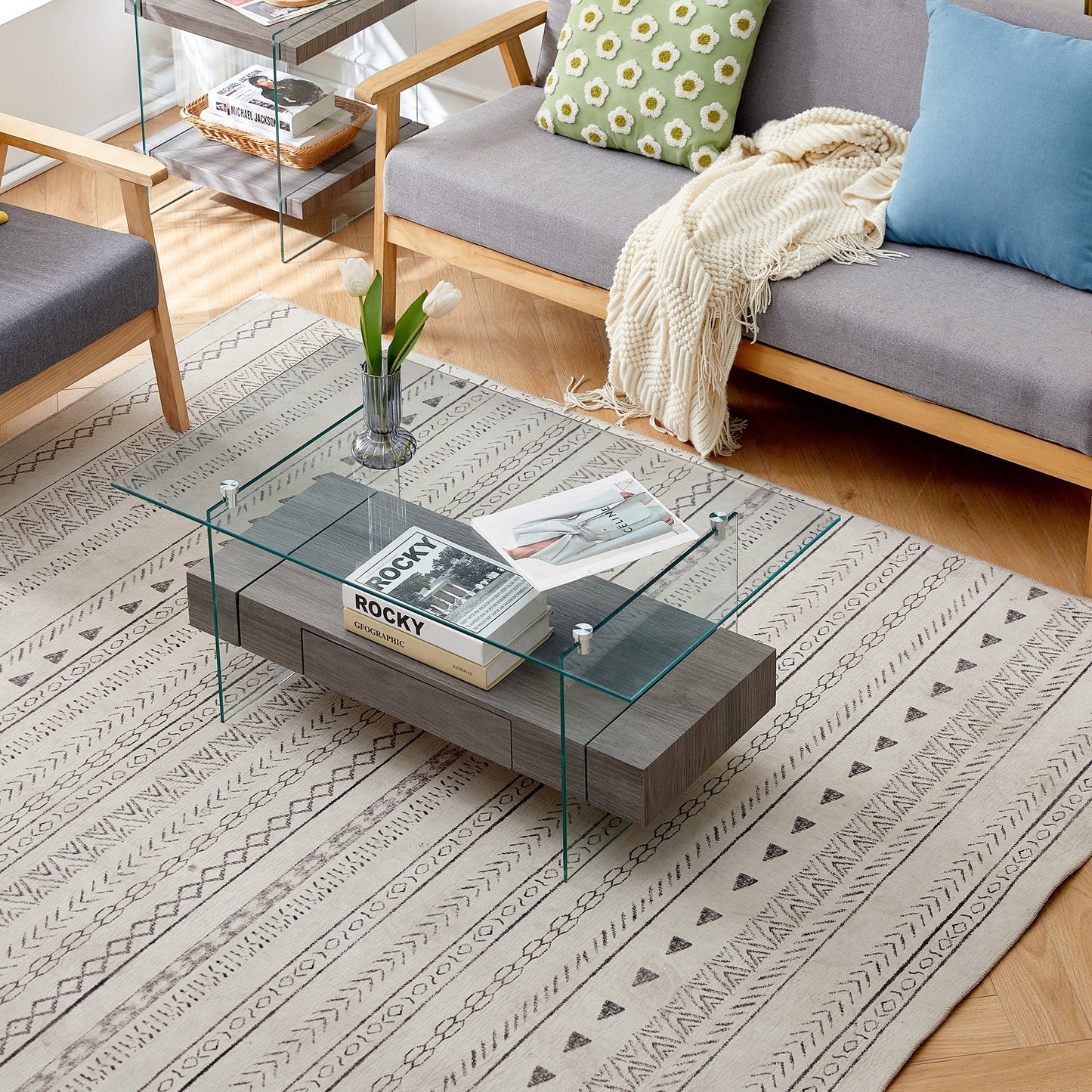 Tempered Glass Coffee Table With Dual Shelves-1