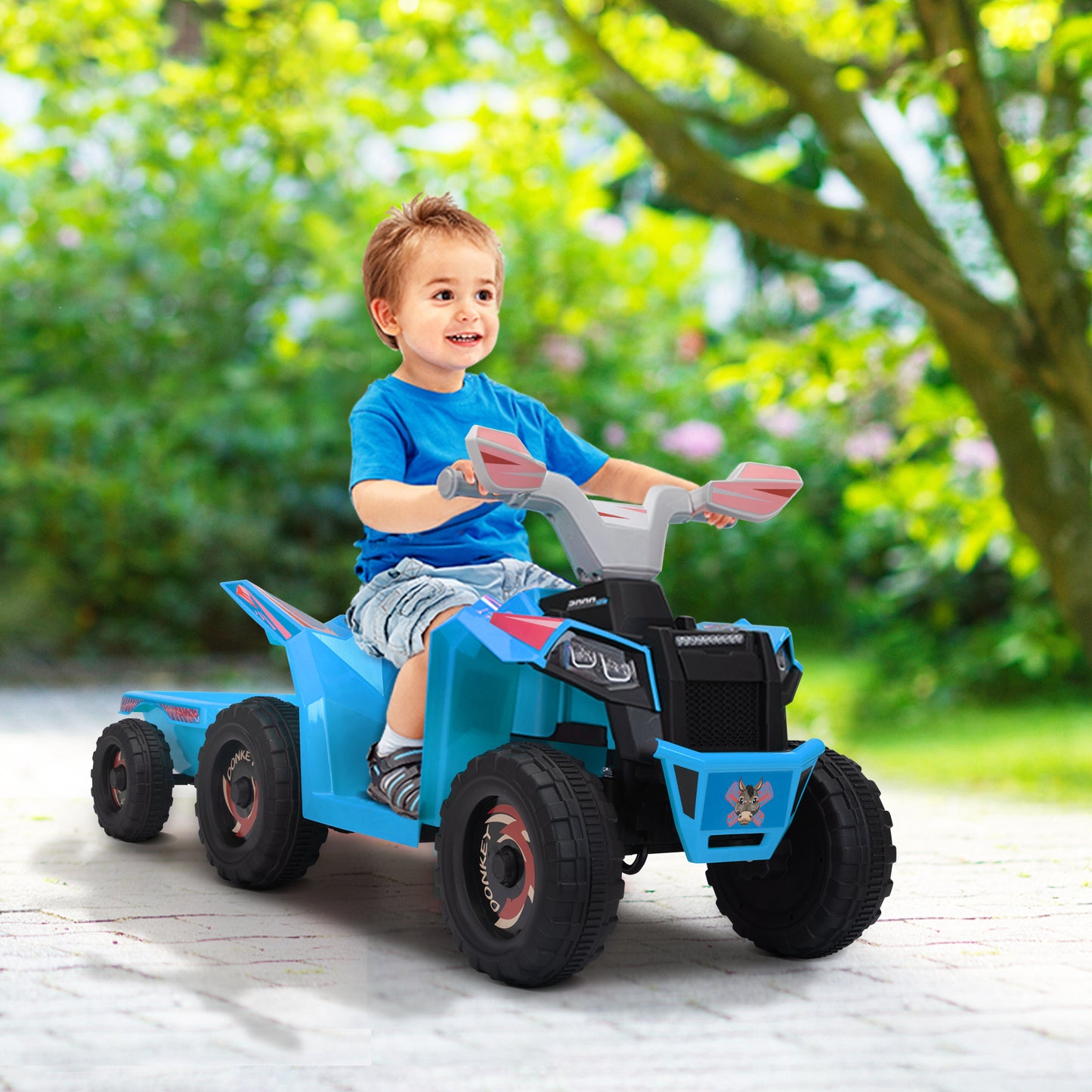 6V Kids Electric ATV, Toddler Ride on Car with Trailer, Music, Bluetooth and Power Display for Boys and Girls, Blue