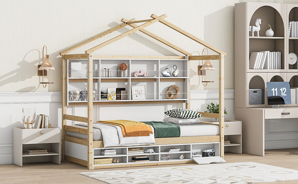 Twin House Bed with Roof Frame, Bedside-shelves, Under Bed Storage Unit,Natural