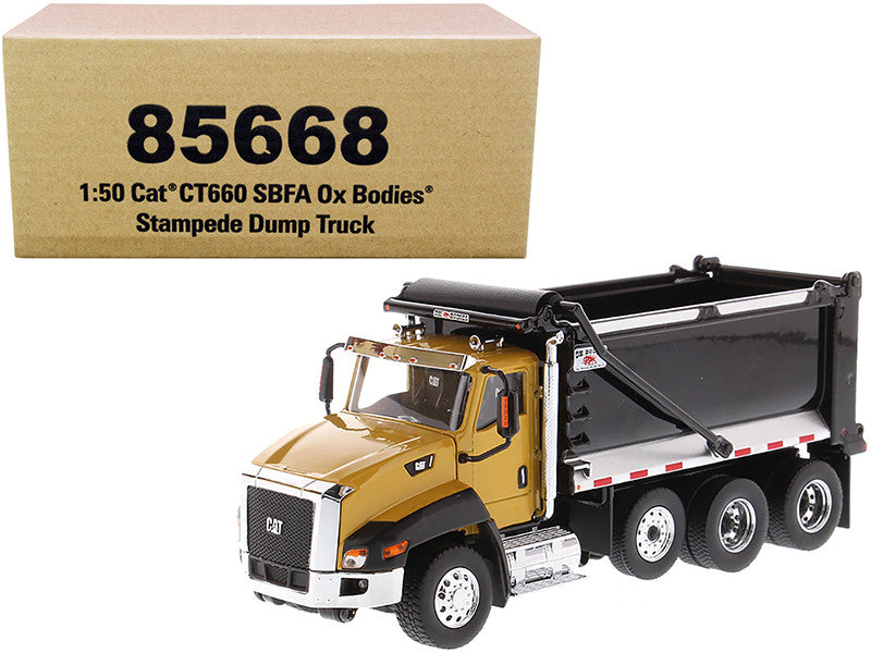 CAT Caterpillar CT660 SBFA with Ox Bodies Stampede Dump Truck Yellow and Black 1/50 Diecast Model by Diecast Masters-0