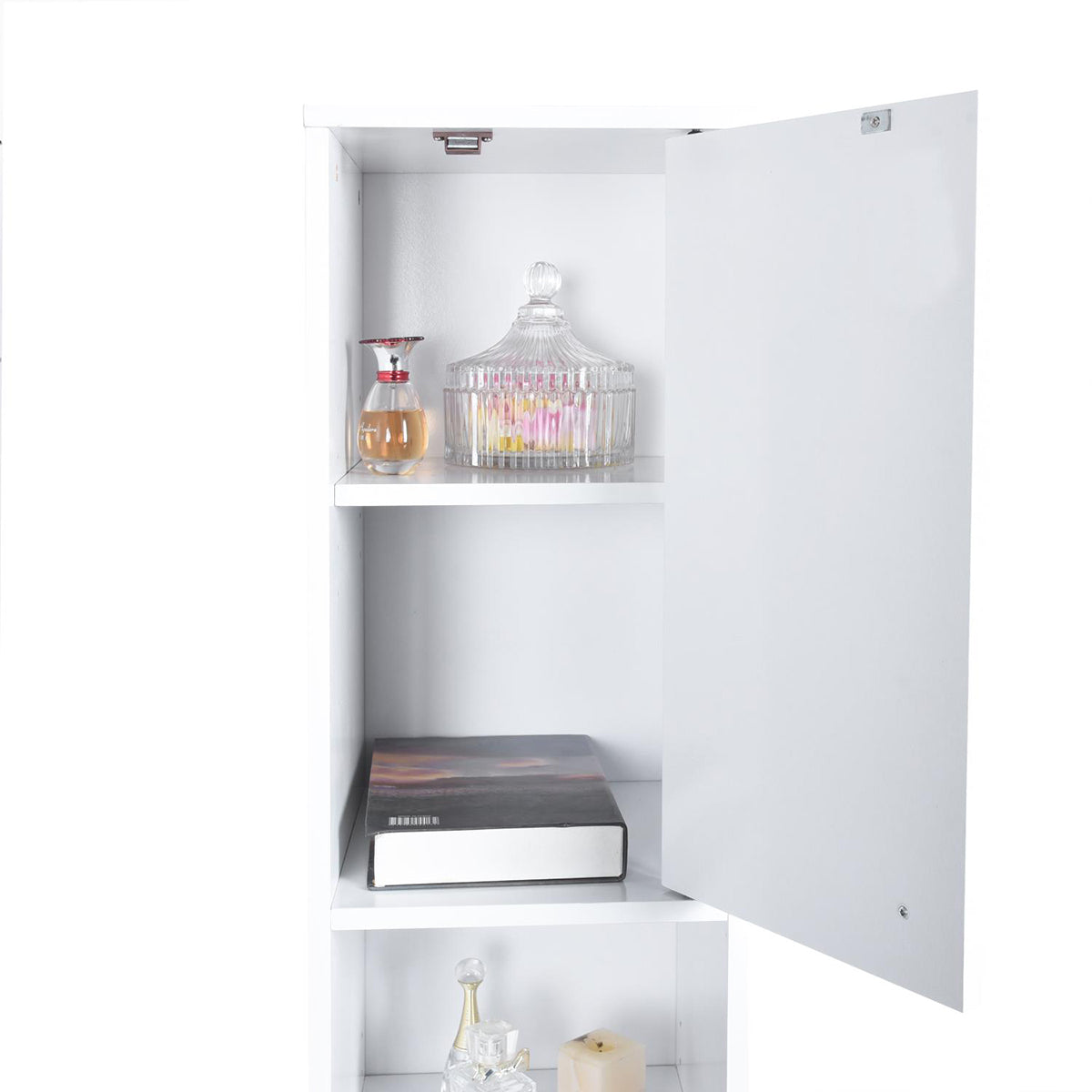 White Bathroom Storage Cabinet with Shelf Narrow Corner Organizer Floor Standing (H63 6 Shelves 2 Door)