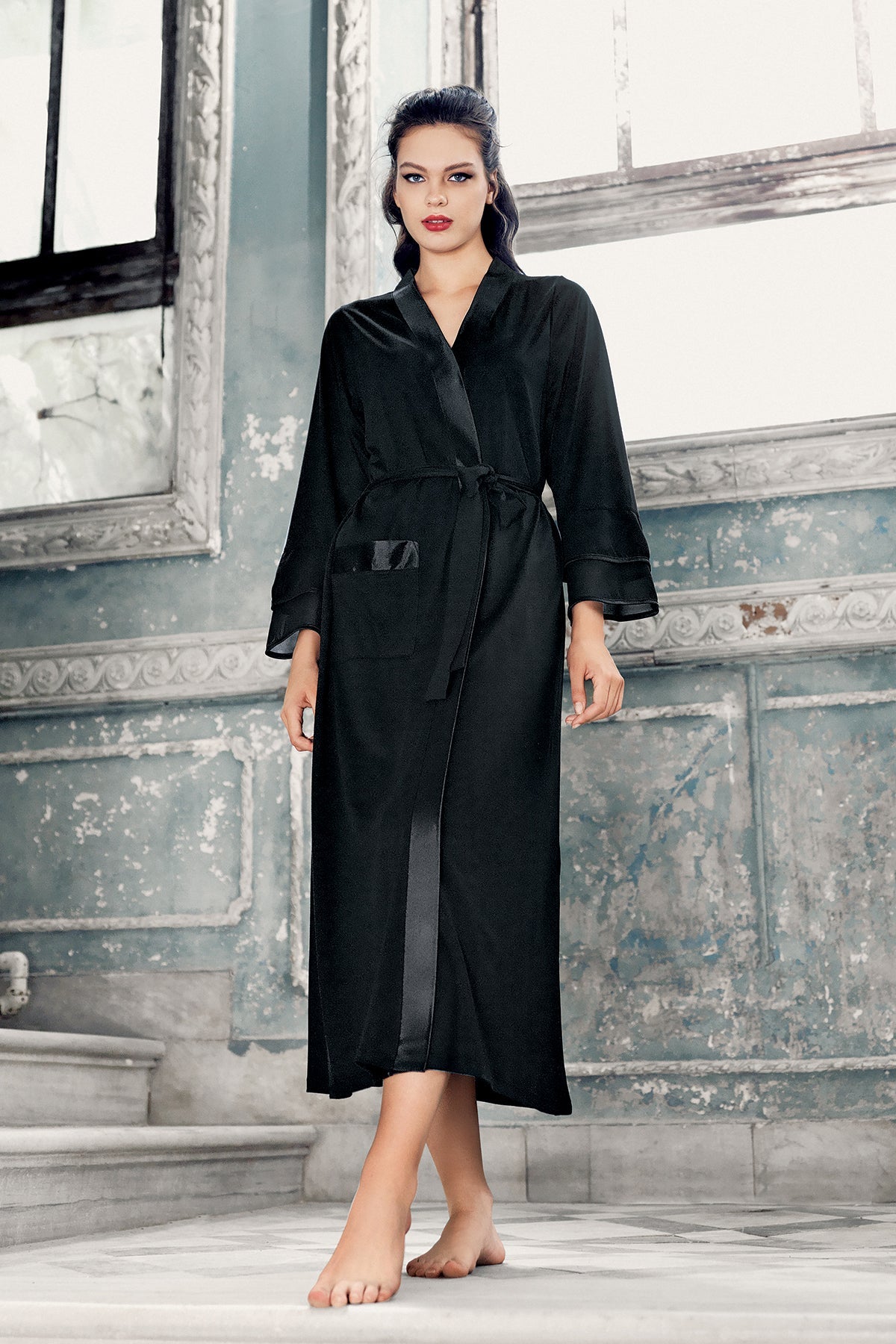 Shopymommy 8600 Satin Bias Maternity Robe Black-0