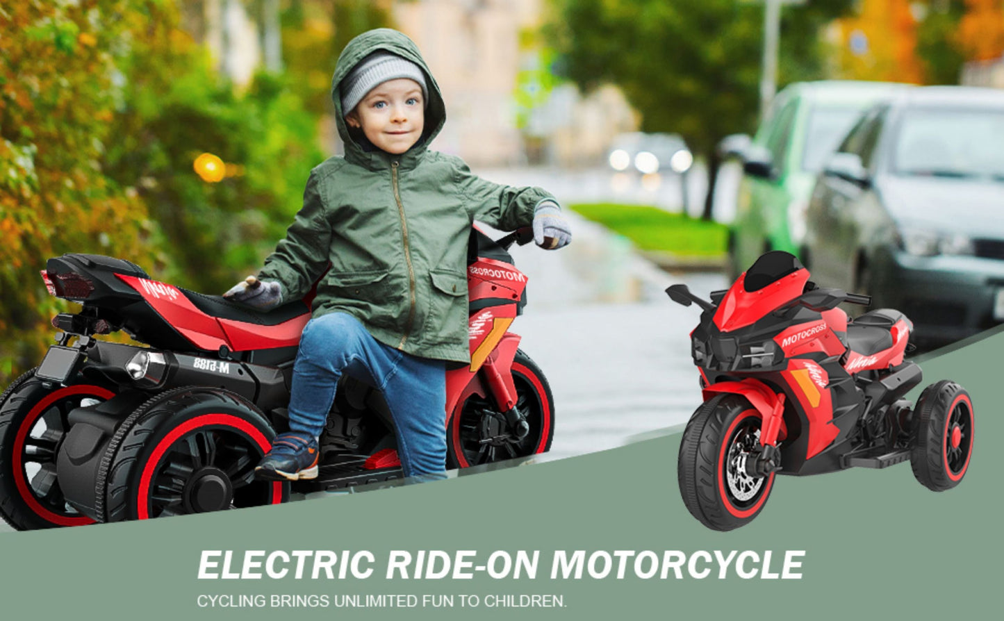 12V Battery Motorcycle, 3 Wheel Motorcycle, Kids Rechargeable Riding Motorized Car - Red