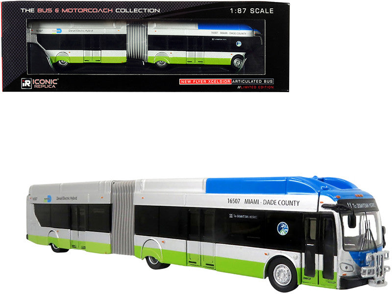 New Flyer Xcelsior XN-60 Aerodynamic Articulated Bus #11 "Miami-Dade County" Silver and Blue with Green Stripe "The Bus & Motorcoach Collection" 1/87 (HO) Diecast Model by Iconic Replicas-0