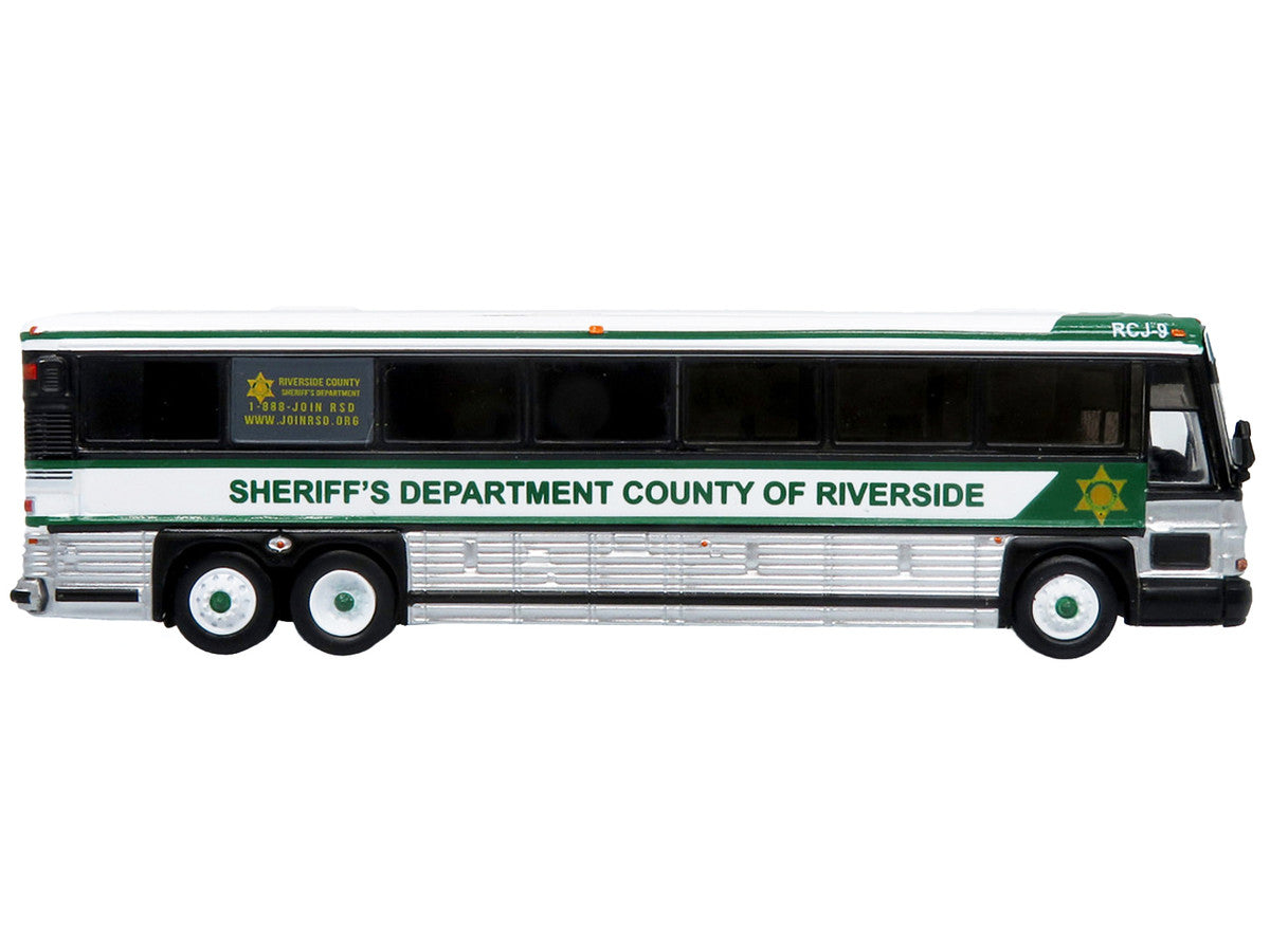 2001 MCI D4000 Coach Bus "Sheriff's Department County of Riverside" White and Green "Vintage Bus & Motorcoach Collection" Limited Edition to 504 pieces Worldwide 1/87 (HO) Diecast Model by Iconic Replicas-1