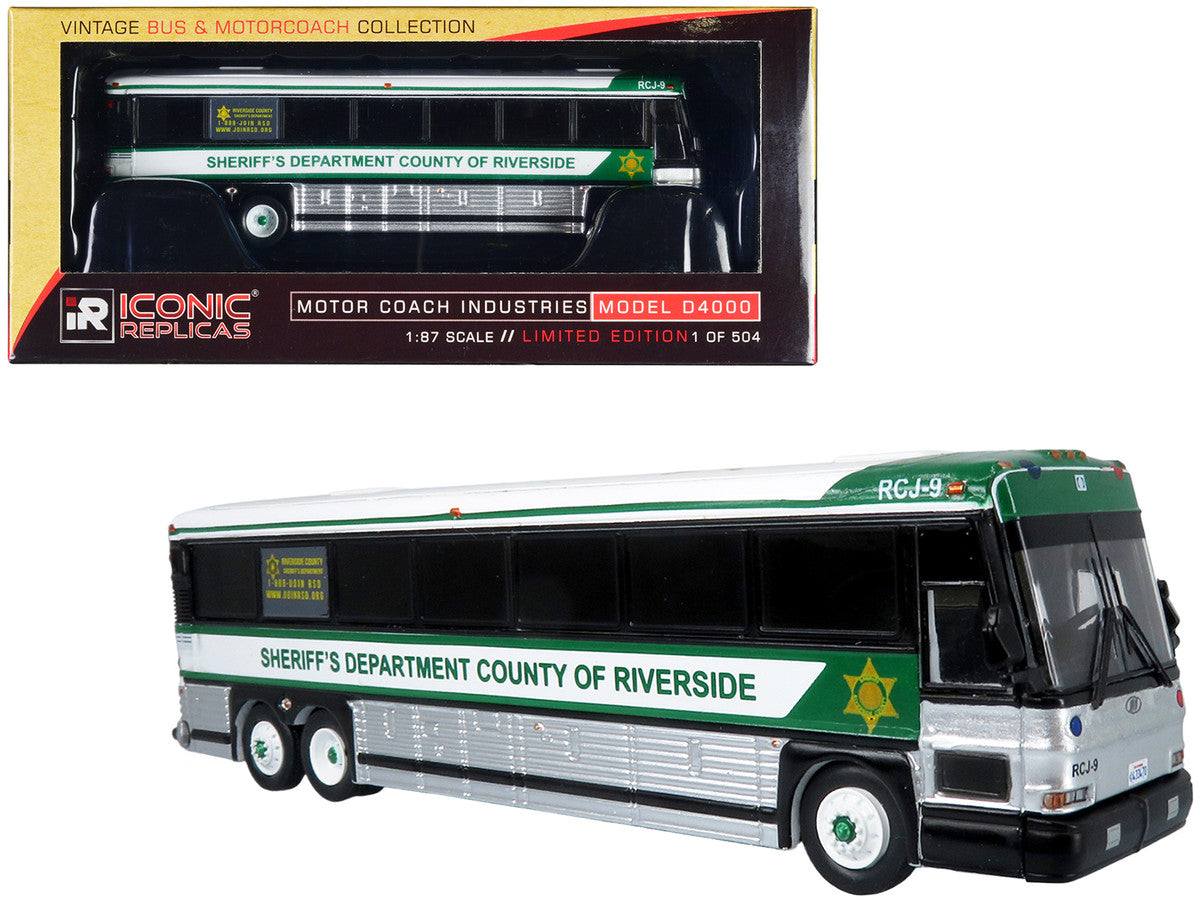 2001 MCI D4000 Coach Bus "Sheriff's Department County of Riverside" White and Green "Vintage Bus & Motorcoach Collection" Limited Edition to 504 pieces Worldwide 1/87 (HO) Diecast Model by Iconic Replicas-0