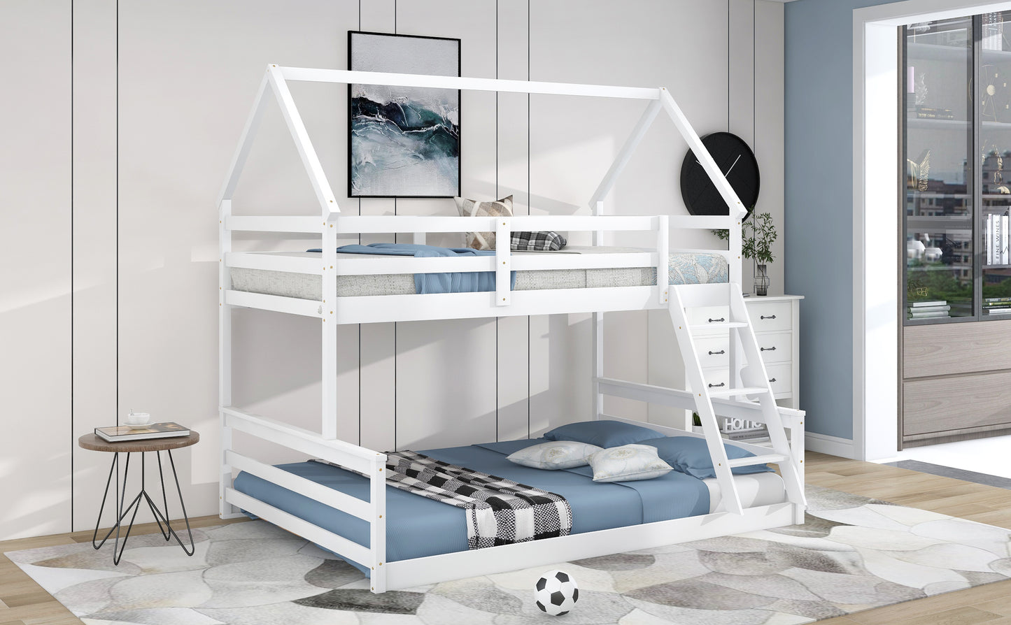 Twin over Full House Bunk Bed with Built-in Ladder,White