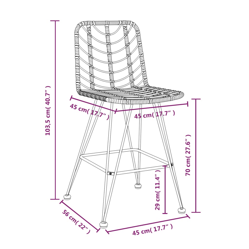 vidaXL Rattan Bar Stool 2 Pcs Stool with Back and Footrest PE Rattan and Steel-1