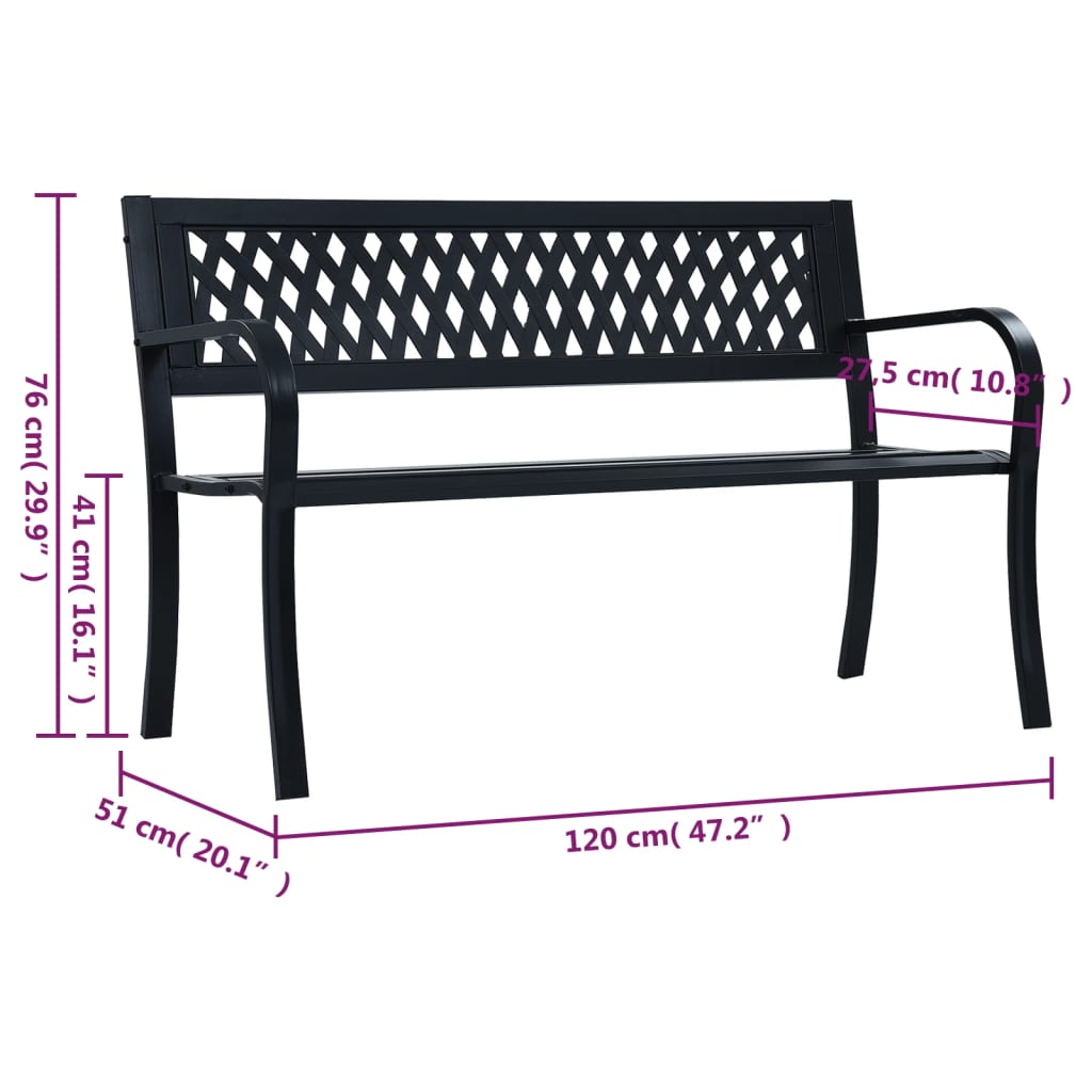 vidaXL Outdoor Patio Bench Park Outdoor Garden Bench with Armrests Black Steel-4