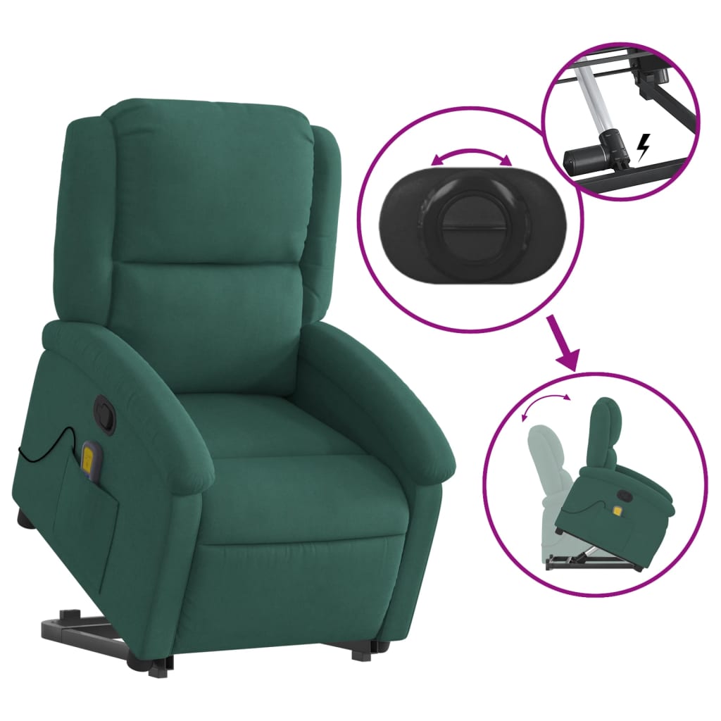 vidaXL Stand up Massage Recliner Chair Dark Green Velvet-3