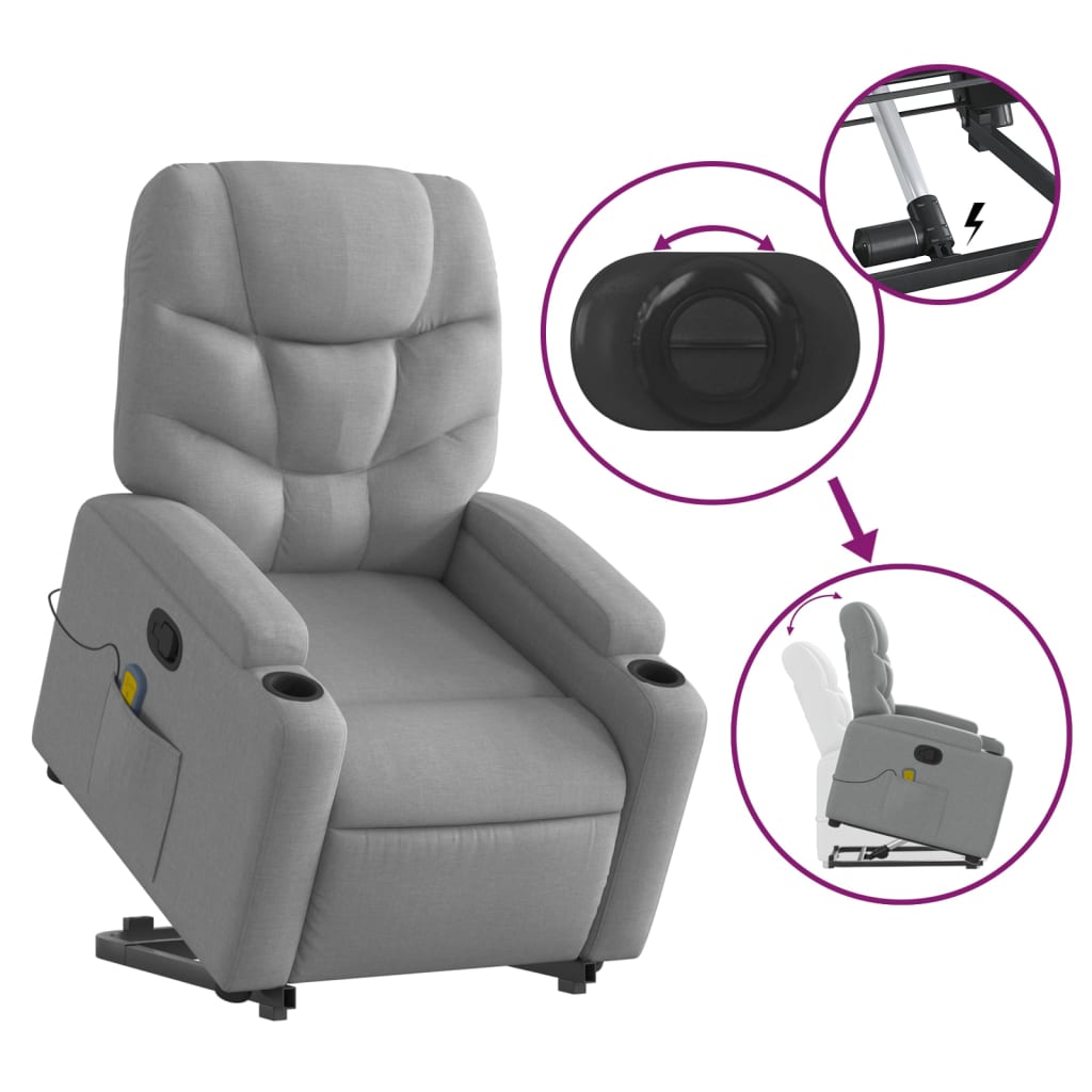 vidaXL Stand up Massage Recliner Chair Light Gray Fabric-3