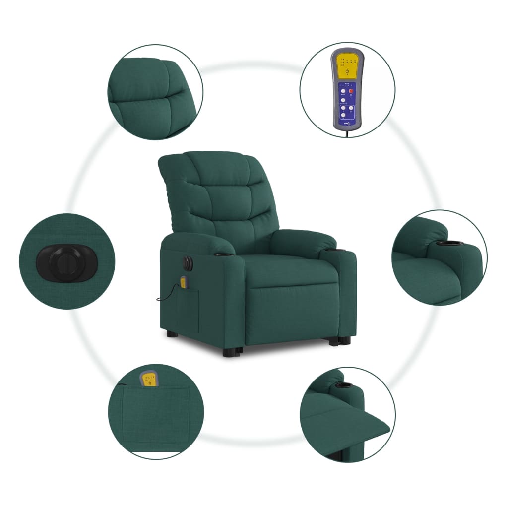 vidaXL Electric Stand up Massage Recliner Chair Dark Green Fabric-3