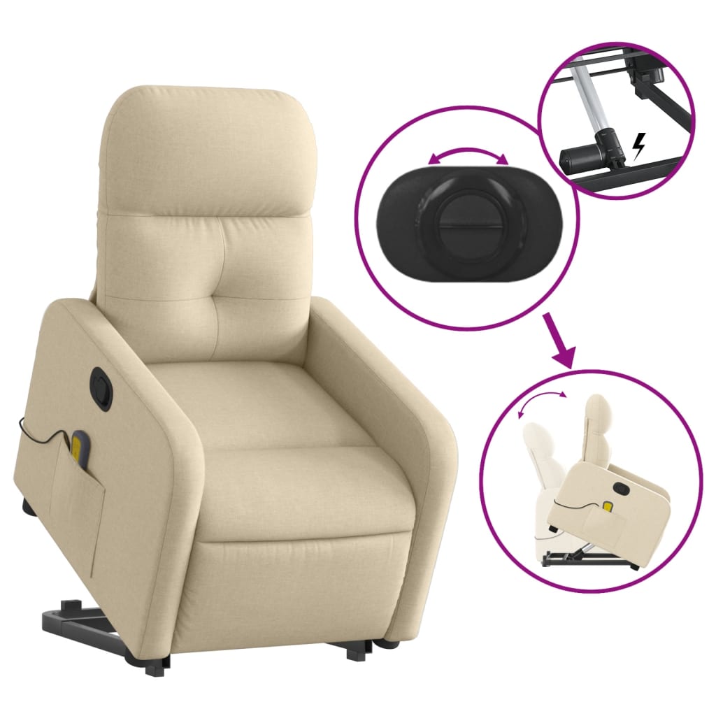 vidaXL Stand up Massage Recliner Chair Cream Fabric-3