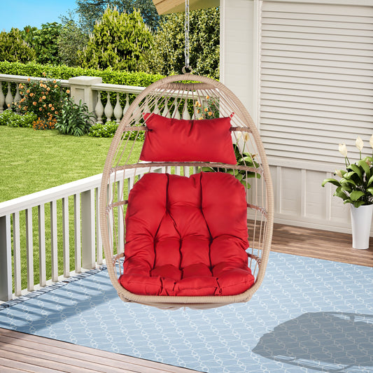 Outdoor Garden Rattan Egg Swing Chair Hanging Chair Wood+Red cushion