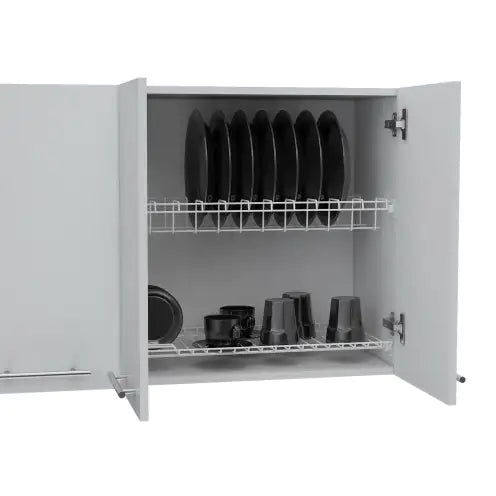 Wall Cabinet Four Doors, With Two Internal Shelves And Internal Plate And Glass Organizer, White