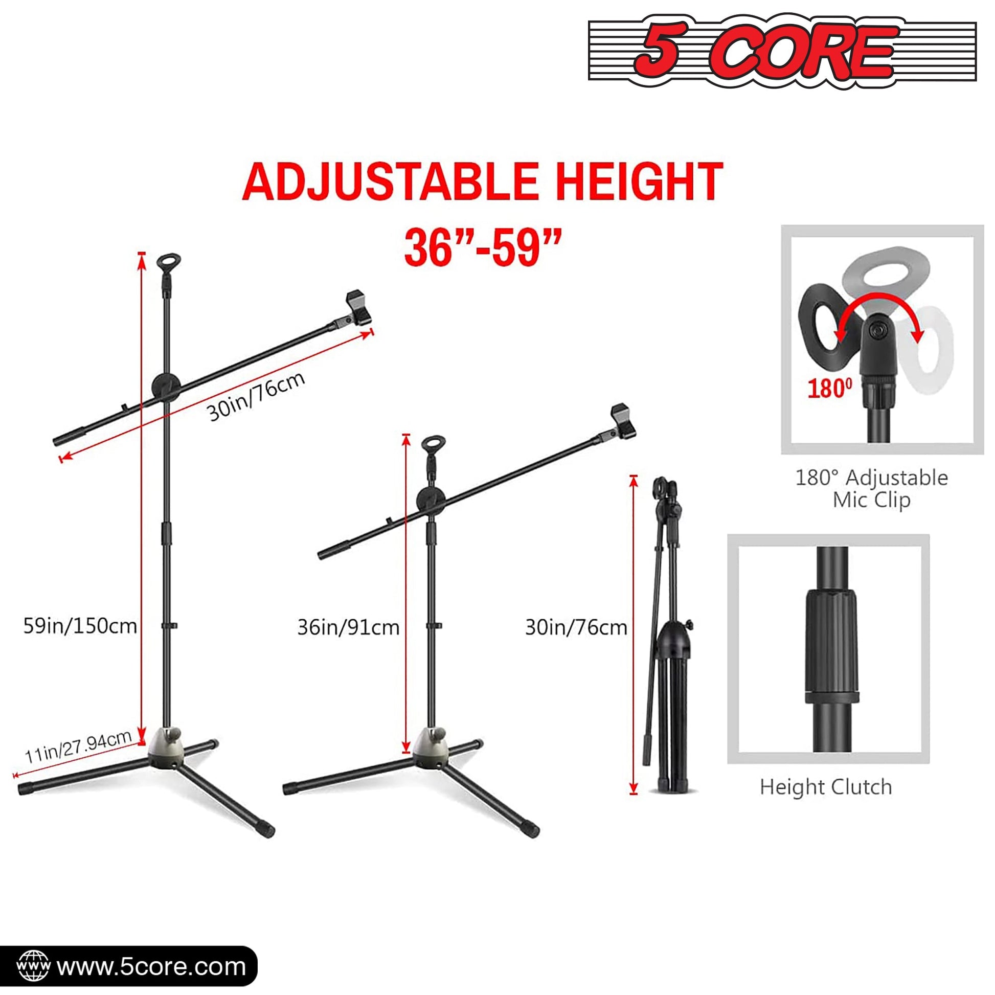 5 Core Tripod Mic Stand 6Pcs 59" Adjustable Microphone Stands Holder Floor w Boom Arm-5