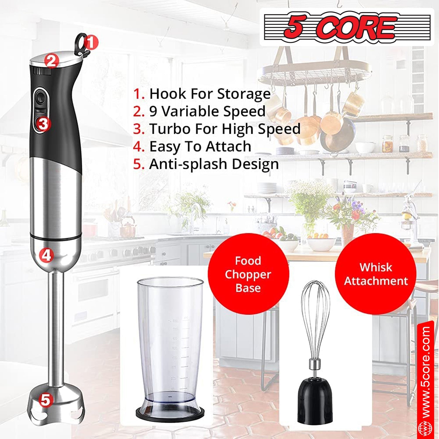 5 Core Immersion Hand Blender 400/500W Electric Hand Mixer Whisk w 2 Mixing Speed 304 Steel Blades-2