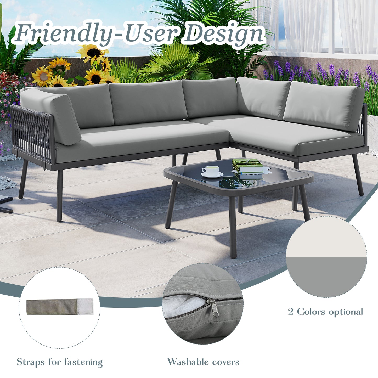 TOPMAX Modern Outdoor 3-Piece PE Rattan Sofa Set All Weather Patio Metal Sectional Furniture Set with Cushions and Glass Table for Backyard, Poolside, Garden, Gray,L-Shaped