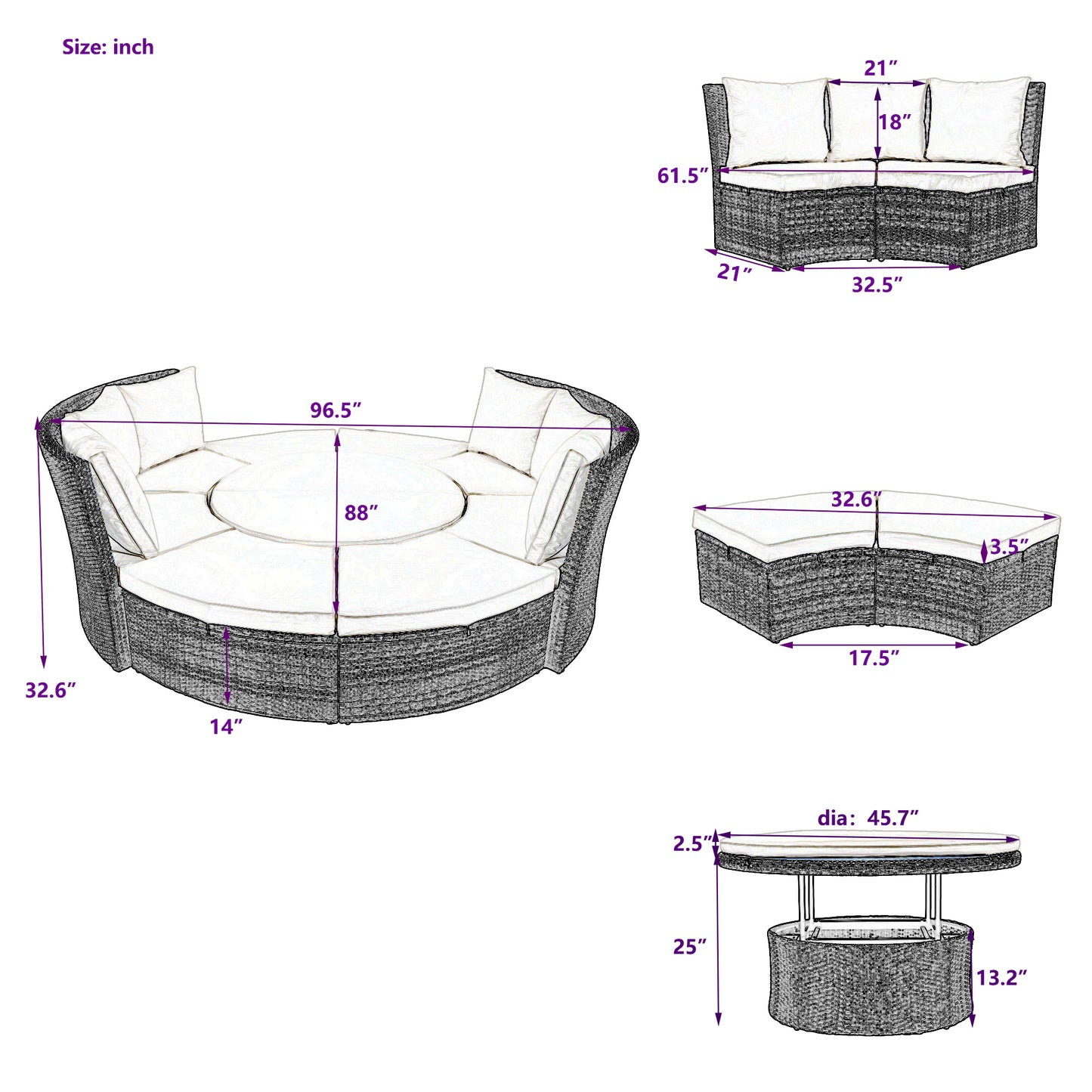 TOPMAX Patio 5-Piece Round Rattan Sectional Sofa Set All-Weather PE Wicker Sunbed Daybed with Round Liftable Table and Washable Cushions for Outdoor Backyard Poolside, Beige