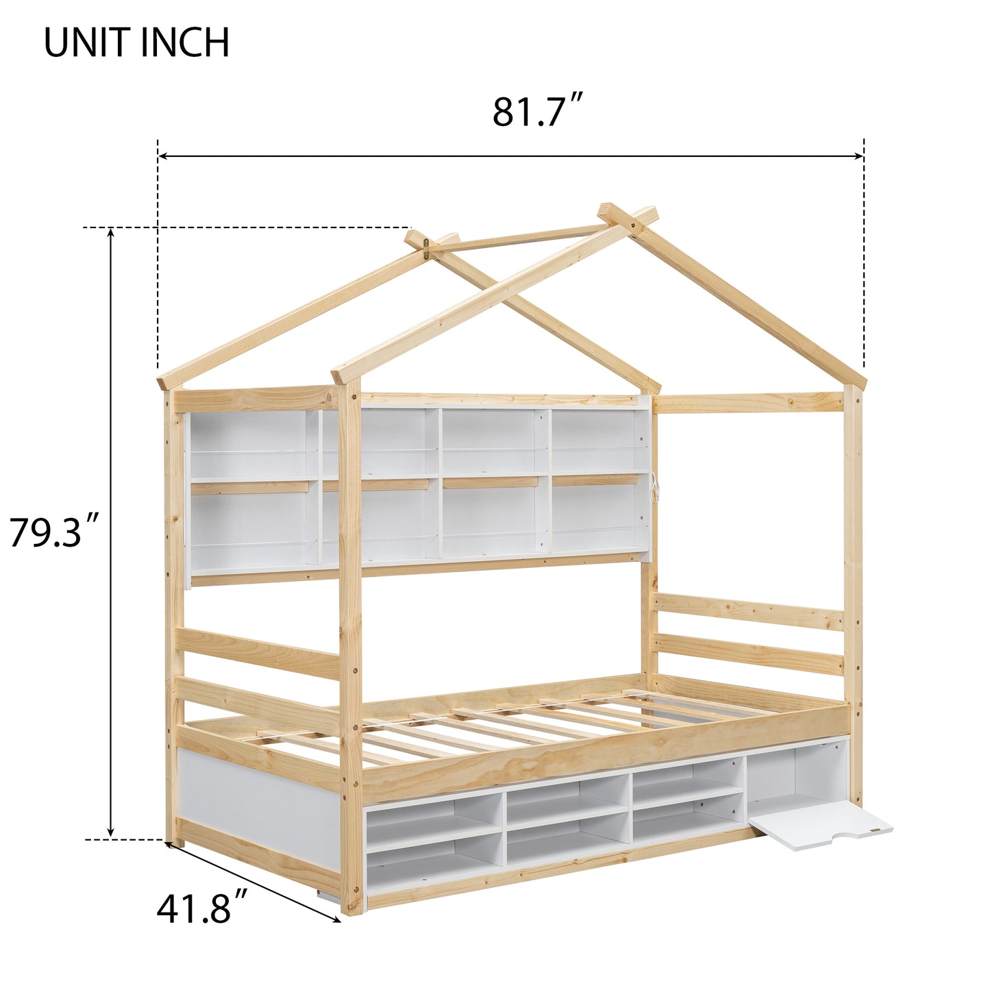 Twin House Bed with Roof Frame, Bedside-shelves, Under Bed Storage Unit,Natural