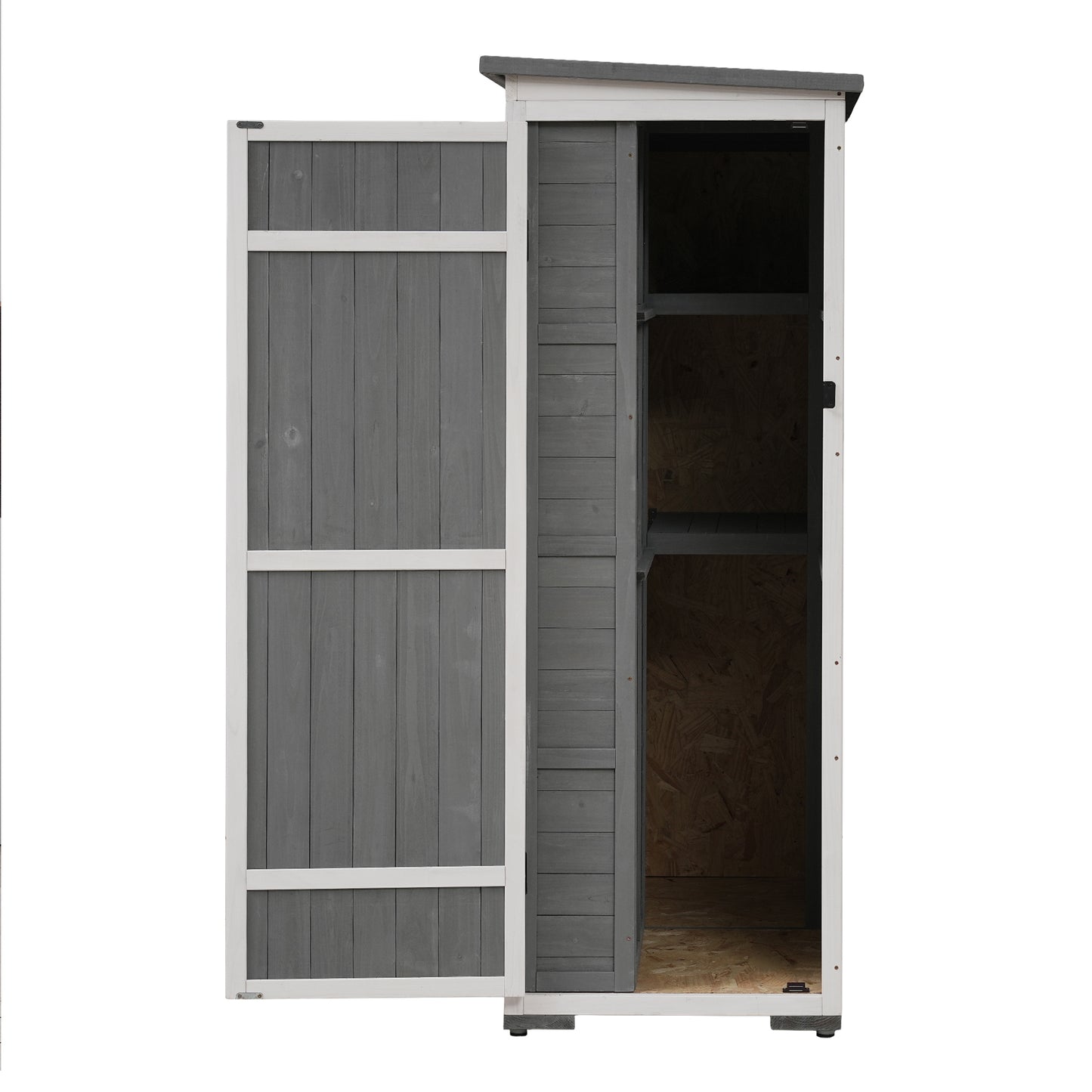 [Video Provided] TOPMAX Outdoor 5.5ft Hx4.1ft L Wood Storage Shed, Garden Tool Cabinet with Waterproof Asphalt Roof, Four Lockable Doors, Multiple-tier Shelves, White and Gray