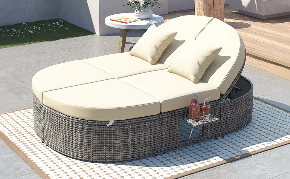 TOPMAX Outdoor Sun Bed Patio 2-Person Daybed with Cushions and Pillows, Rattan Garden Reclining Chaise Lounge with Adjustable Backrests and Foldable Cup Trays for Lawn, Poolside, Beige