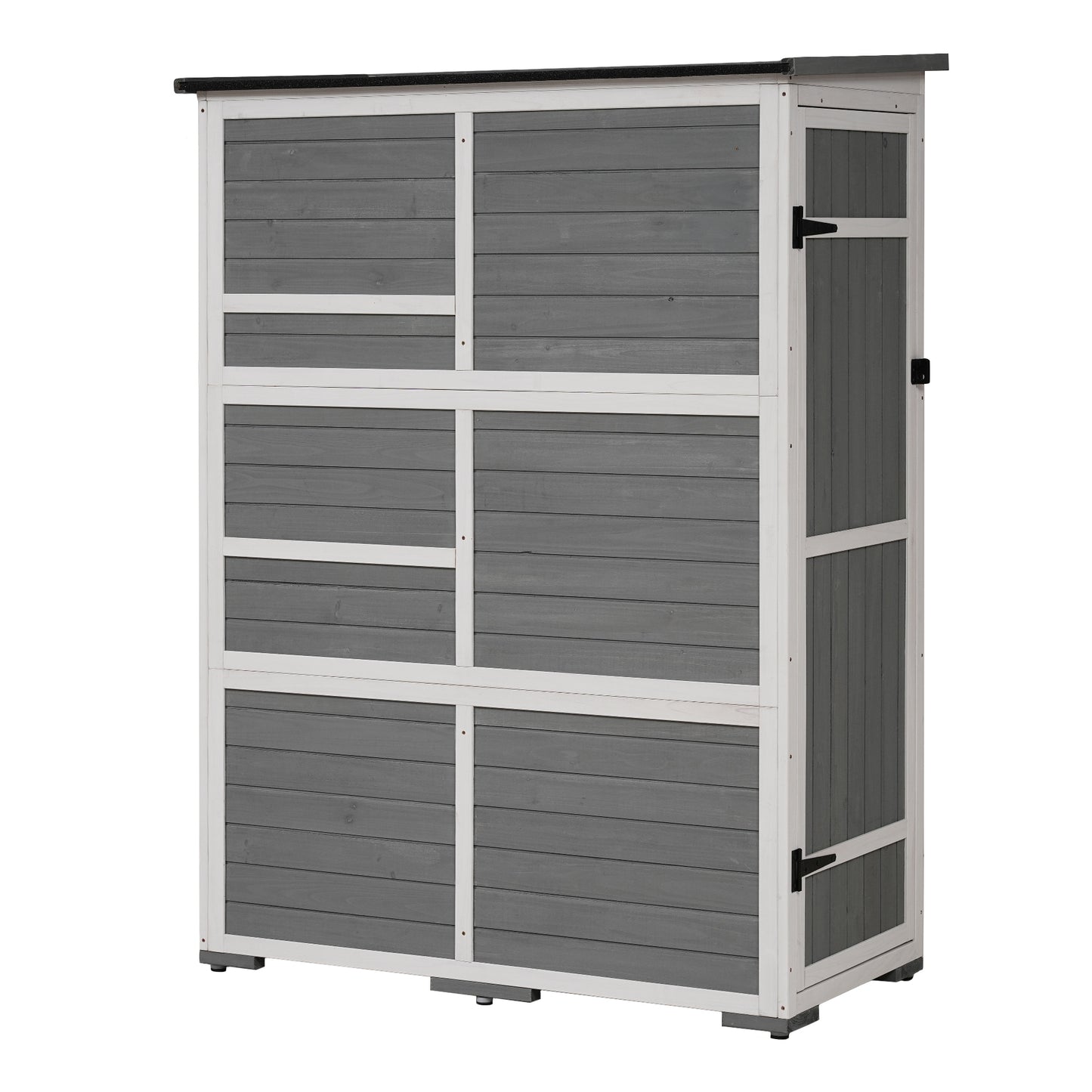 [Video Provided] TOPMAX Outdoor 5.5ft Hx4.1ft L Wood Storage Shed, Garden Tool Cabinet with Waterproof Asphalt Roof, Four Lockable Doors, Multiple-tier Shelves, White and Gray