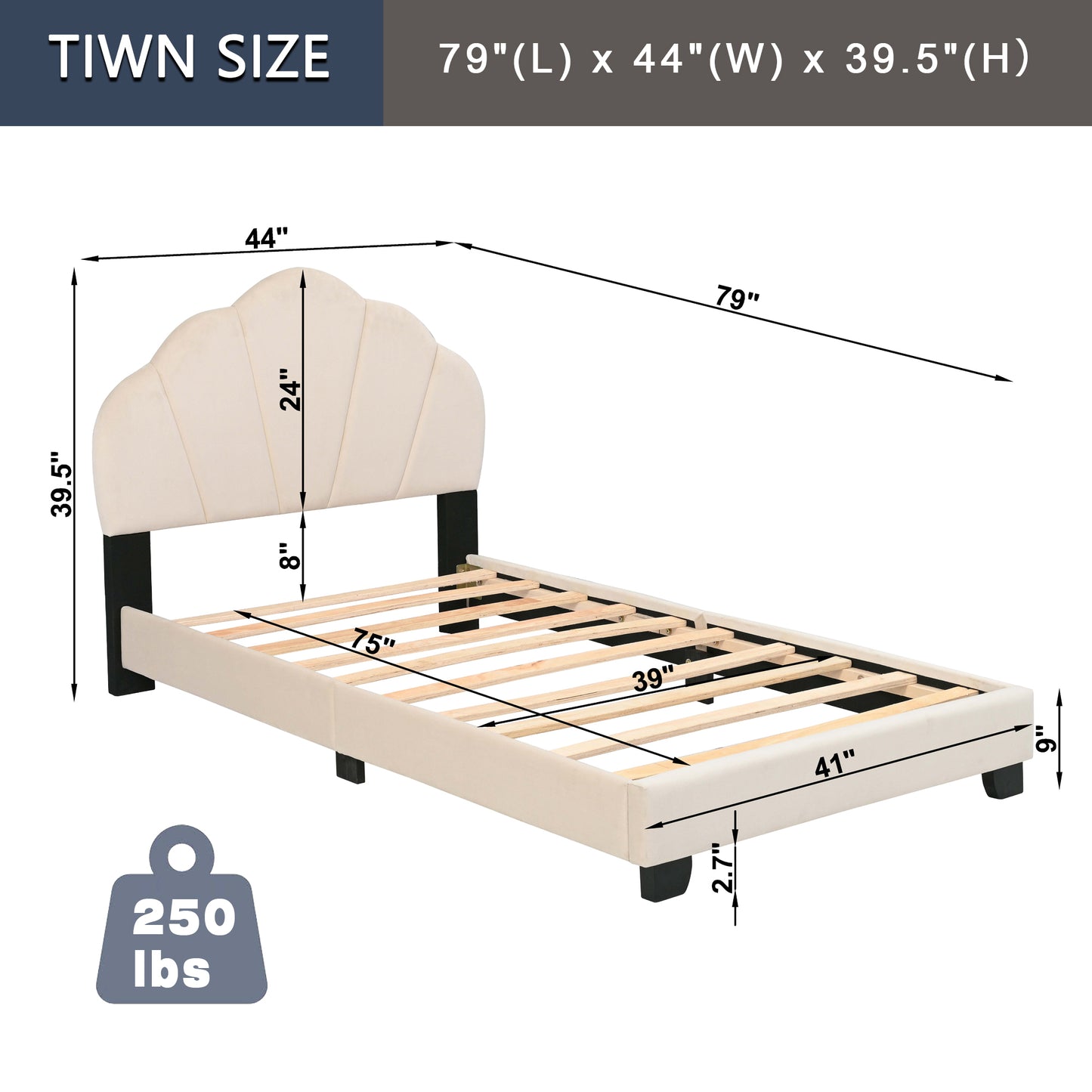 Upholstered Twin Size Platform Bed for Kids, with Slatted Bed Base, No Box Spring Needed, White color, Shell Design