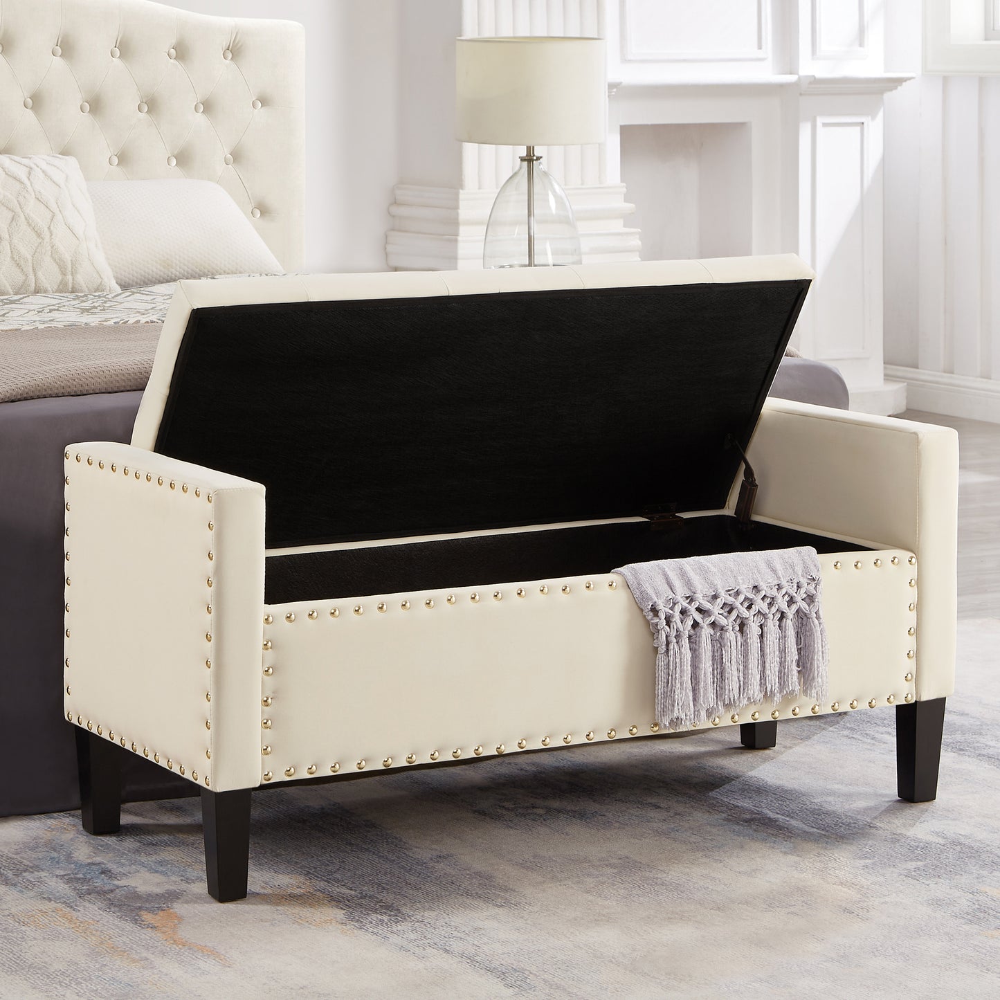 Upholstered Tufted Button Storage Bench with nails trim,Entryway Living Room Soft Padded Seat with Armrest,Bed Bench - Cream