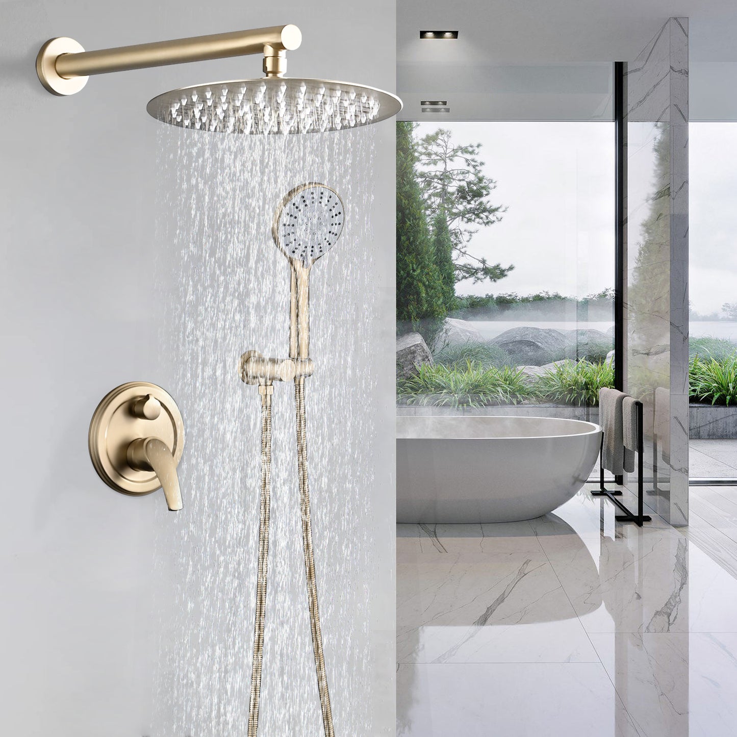 10 Inches Wall Mounted Shower with High Pressure Rain Shower Head and 5-Function Handheld Shower Head