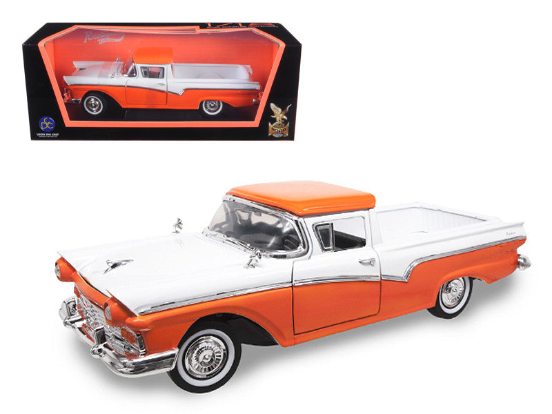 1957 Ford Ranchero Pickup Orange and White 1/18 Diecast Model Car by Road Signature-0