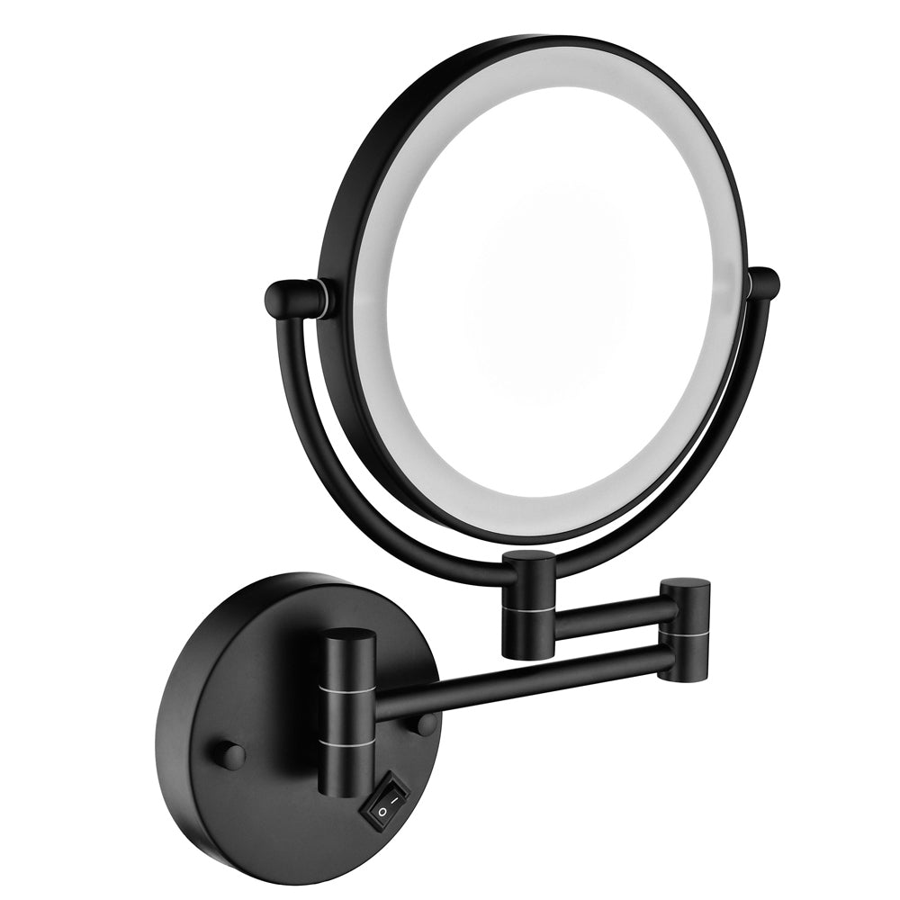 8 Inch LED Wall Mount Two-Sided Magnifying Makeup Vanity Mirror 12 Inch Extension Matte Black 1X/3X Magnification Plug 360 Degree Rotation Waterproof Button Shaving Mirror