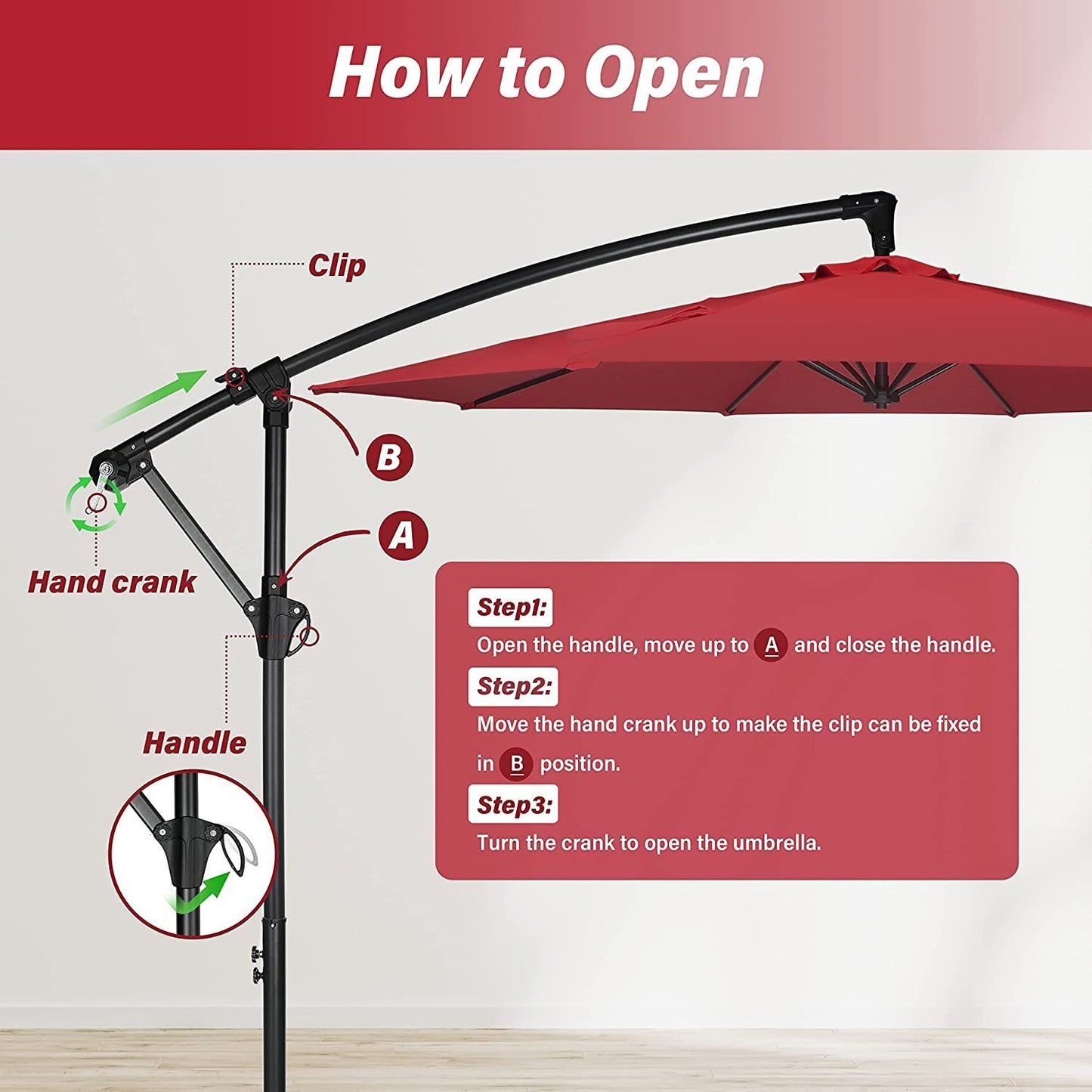 10ft Offset Umbrella Cantilever Patio Hanging Umbrella Outdoor Market Umbrella with Crank & Cross Base Suitable for Garden, Lawn, backyard and Deck, Red