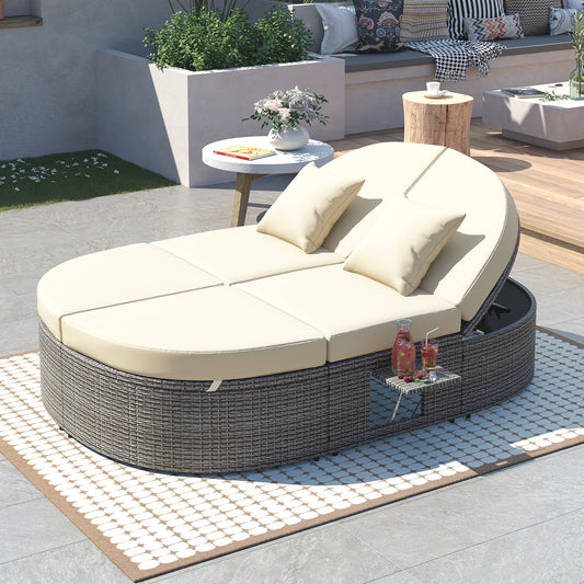 TOPMAX Outdoor Sun Bed Patio 2-Person Daybed with Cushions and Pillows, Rattan Garden Reclining Chaise Lounge with Adjustable Backrests and Foldable Cup Trays for Lawn, Poolside, Beige