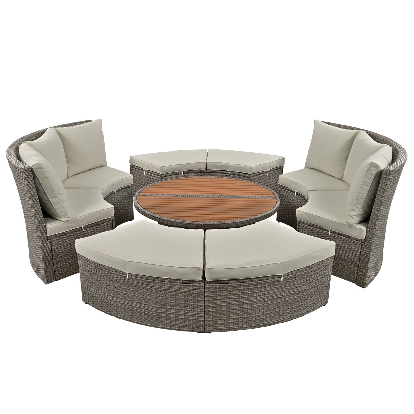 TOPMAX Patio 5-Piece Round Rattan Sectional Sofa Set All-Weather PE Wicker Sunbed Daybed with Round Liftable Table and Washable Cushions for Outdoor Backyard Poolside, Gray