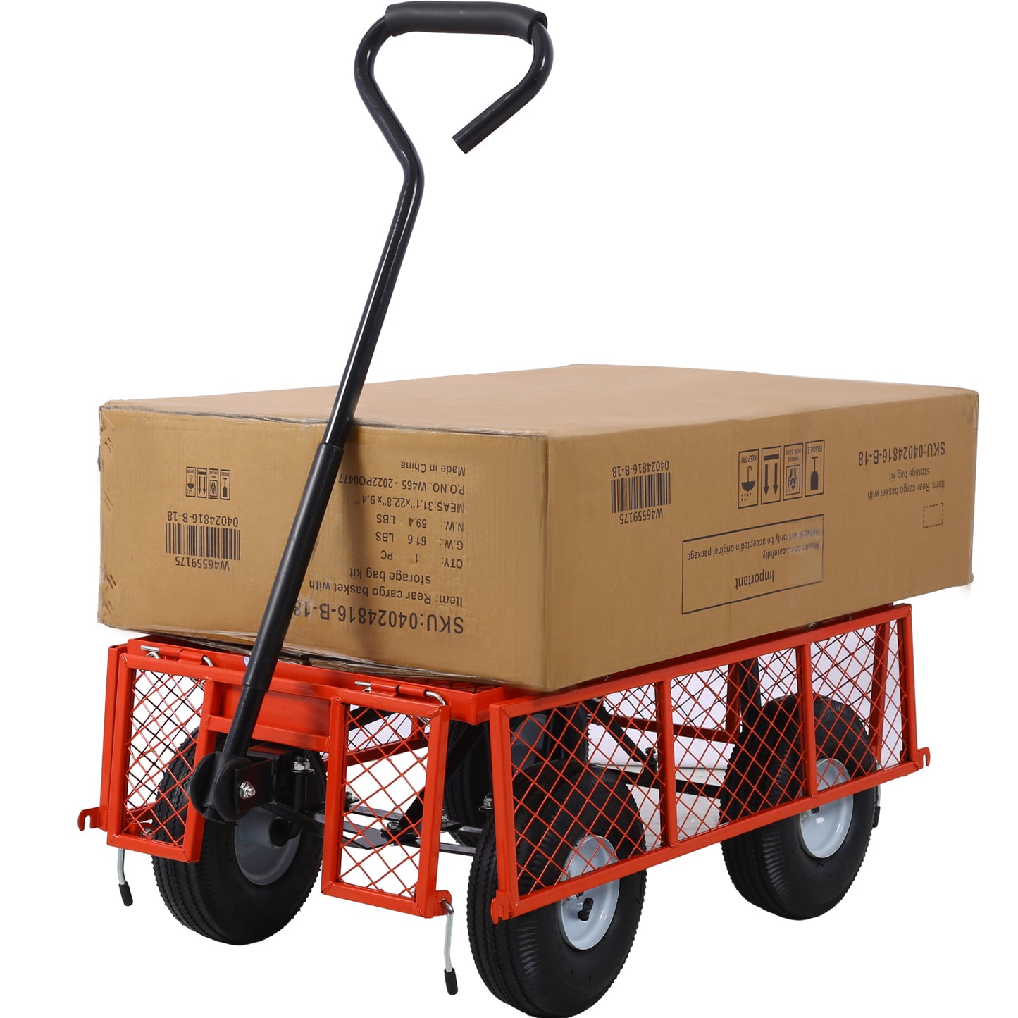 Steel Garden Cart, Steel Mesh Removable Sides, 3 cu ft, 550 lb Capacity, red