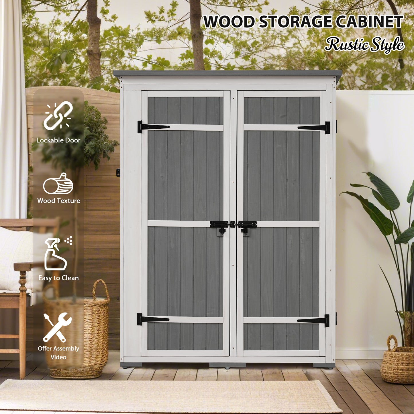 [Video Provided] TOPMAX Outdoor 5.5ft Hx4.1ft L Wood Storage Shed, Garden Tool Cabinet with Waterproof Asphalt Roof, Four Lockable Doors, Multiple-tier Shelves, White and Gray