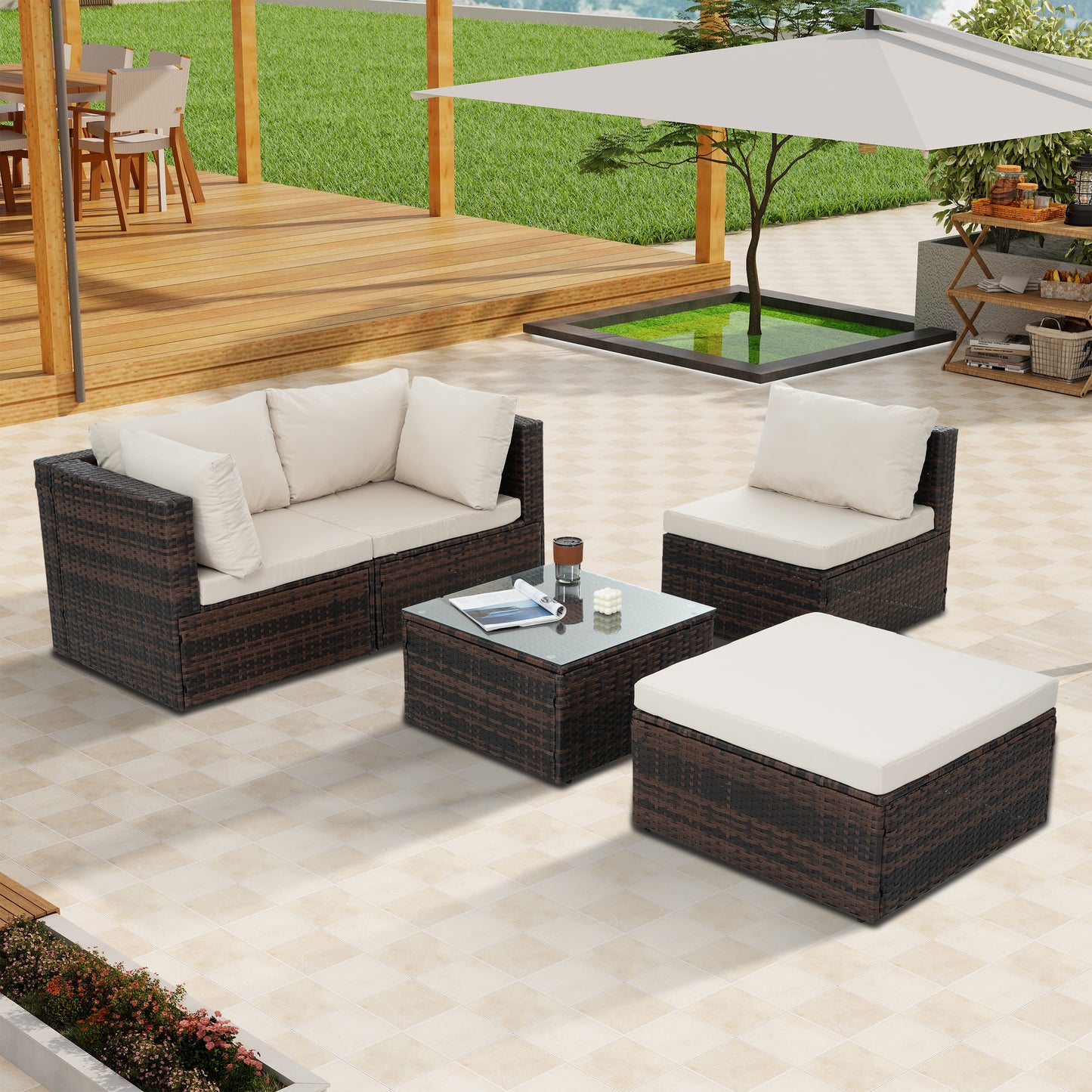 Patio Furniture, Outdoor Furniture, Seasonal PE Wicker Furniture, 5 Set Wicker Furniture With Tempered Glass Coffee Table,