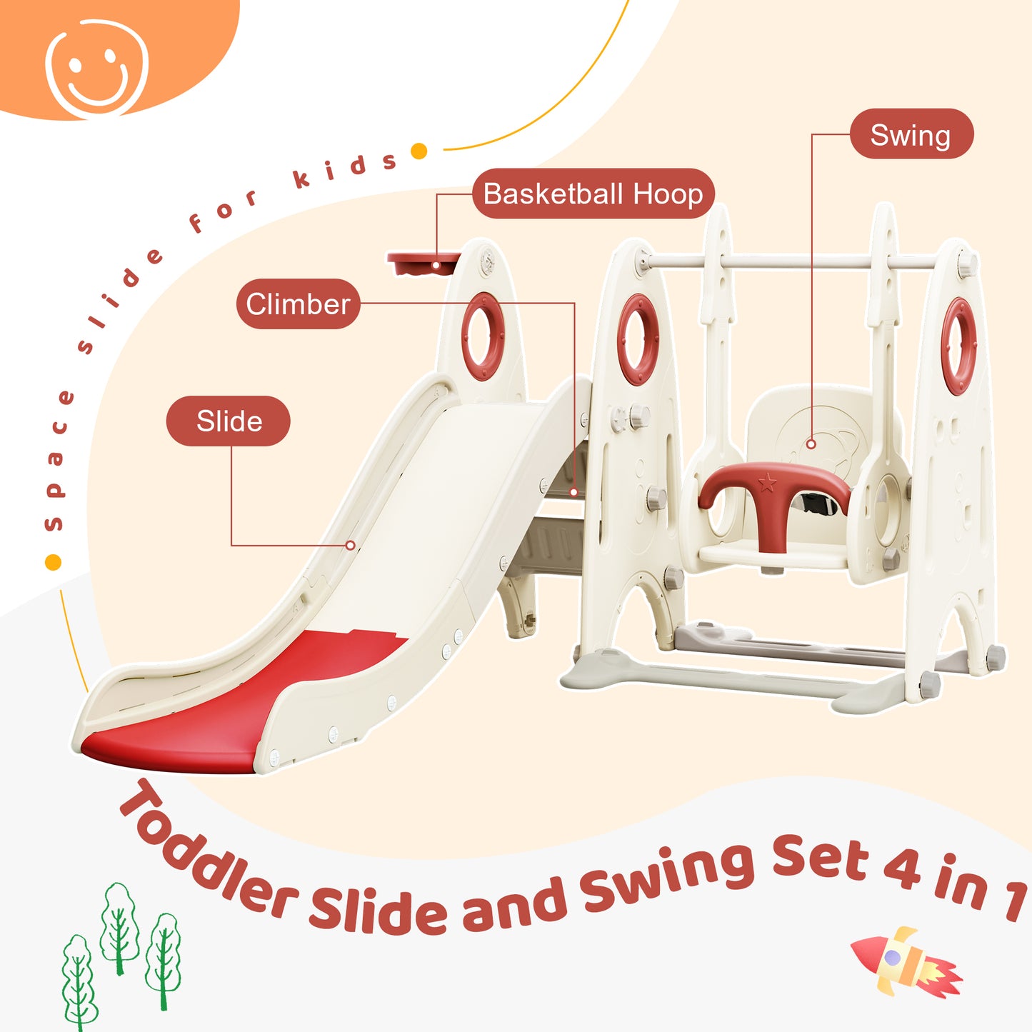 4 in 1 Toddler Slide and Swing Set, Kids Playground Climber Slide Playset with Basketball Hoop,Freestanding Combination for babies