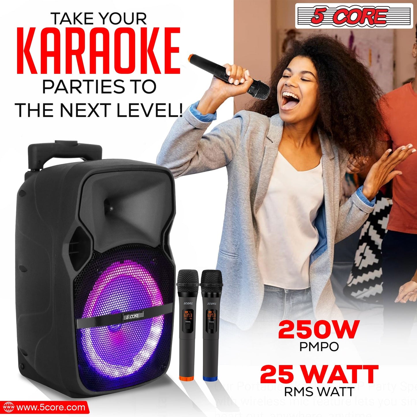 5 Core DJ Speakers 8" Rechargeable Powered PA System 250W Loud Speaker - Active Home 8 2-MIC-10