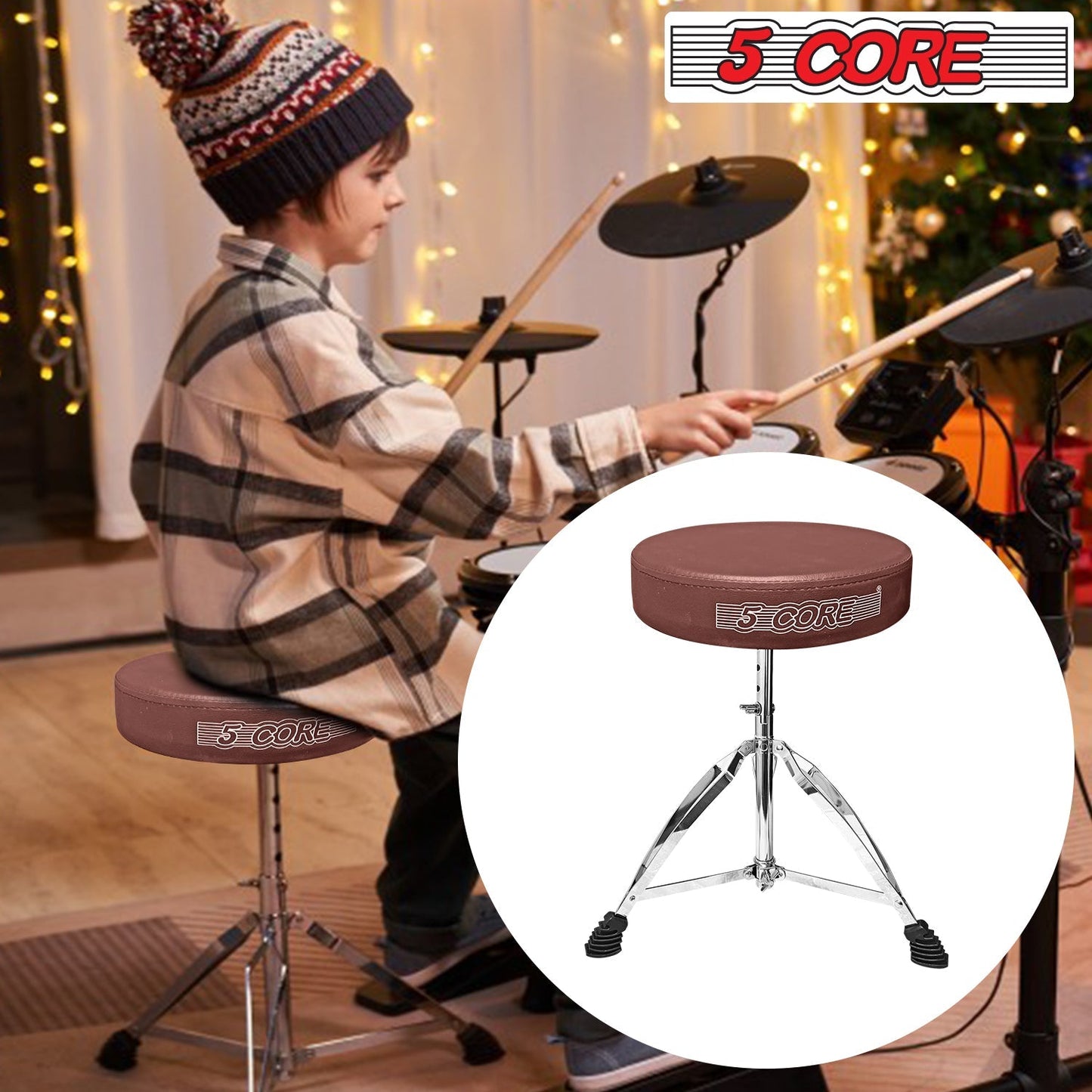 5Core Drum Throne Guitar Stool Thick Padded Drummers Chair Piano Seat Chrome Brown-11