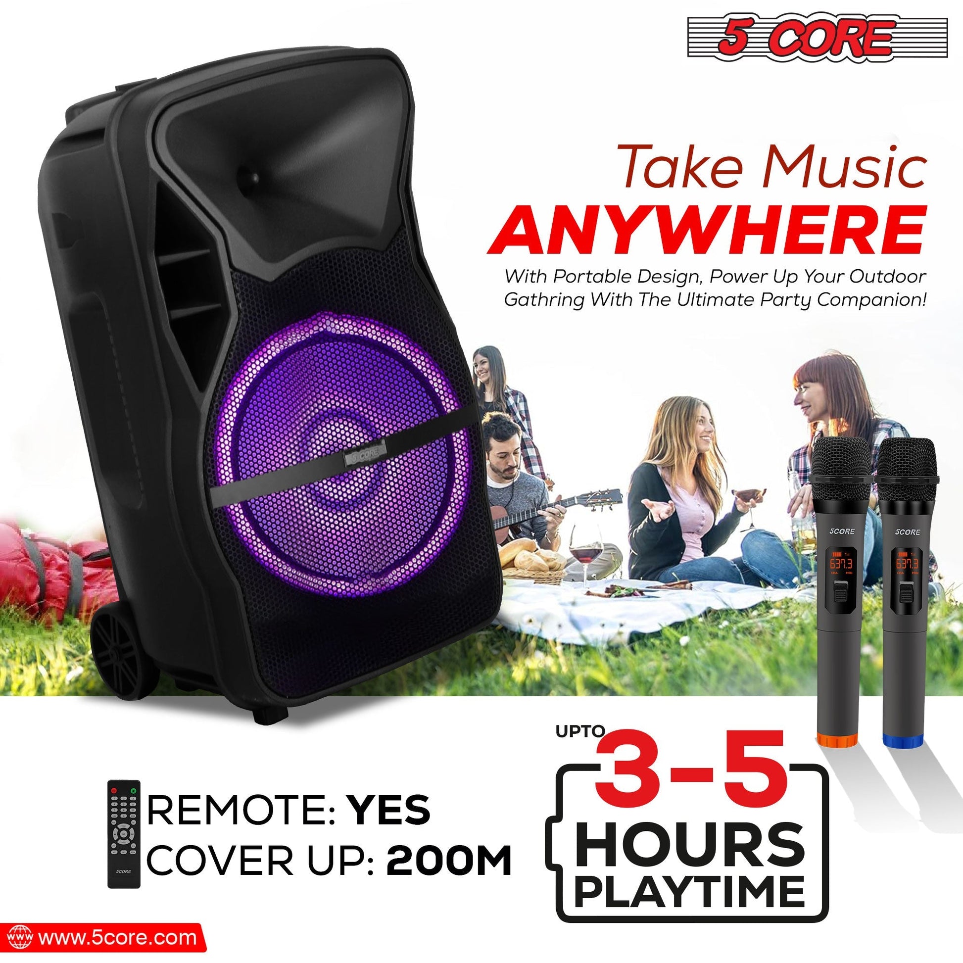 5 Core DJ Speakers 12" Rechargeable Powered PA System 250W Loud Speaker - ACTIVE HOME 12 2-MIC-8