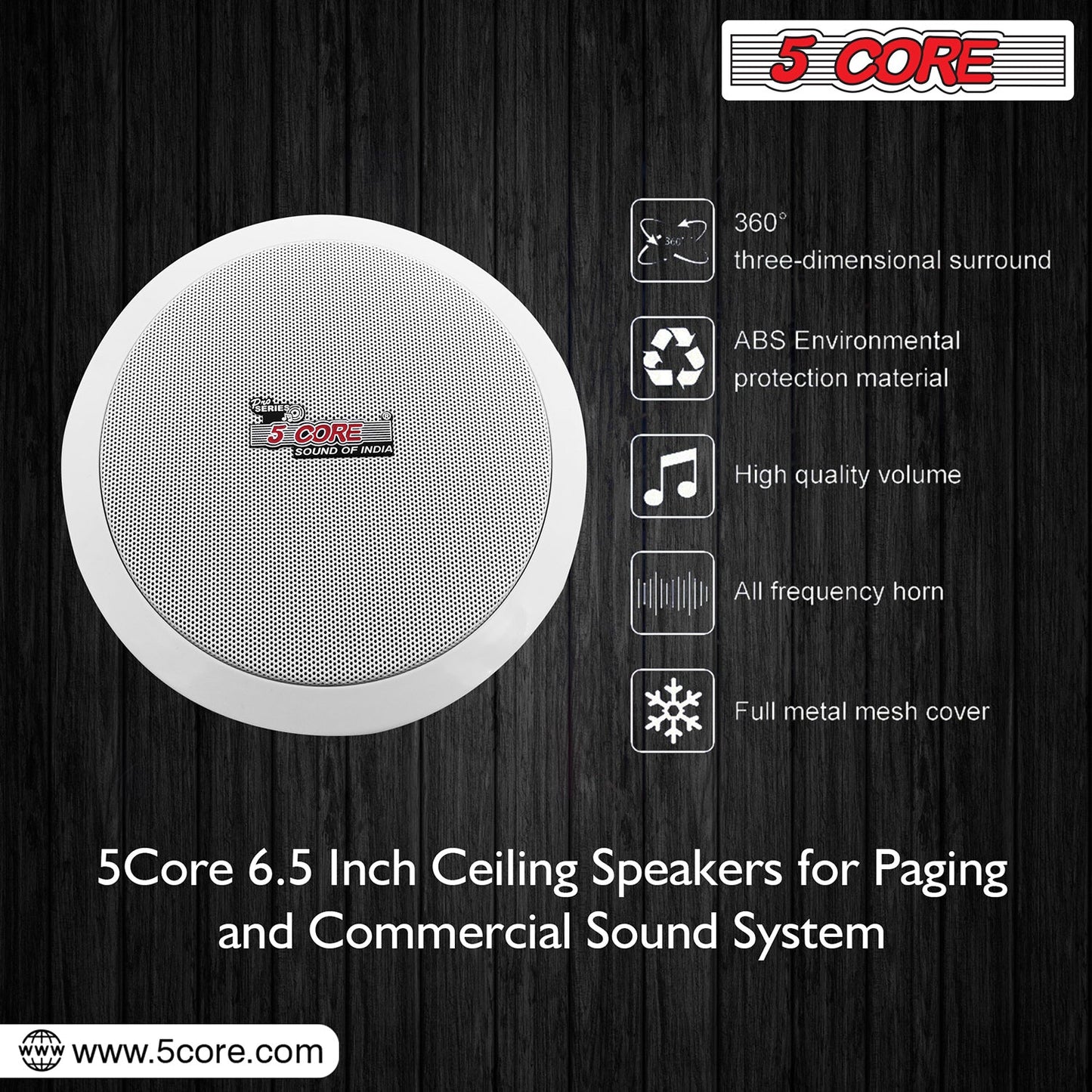 5 Core 6.5 inch Ceiling Speaker 60W Peak 2-Way Home Audio In Wall Speakers w Tweeter-1