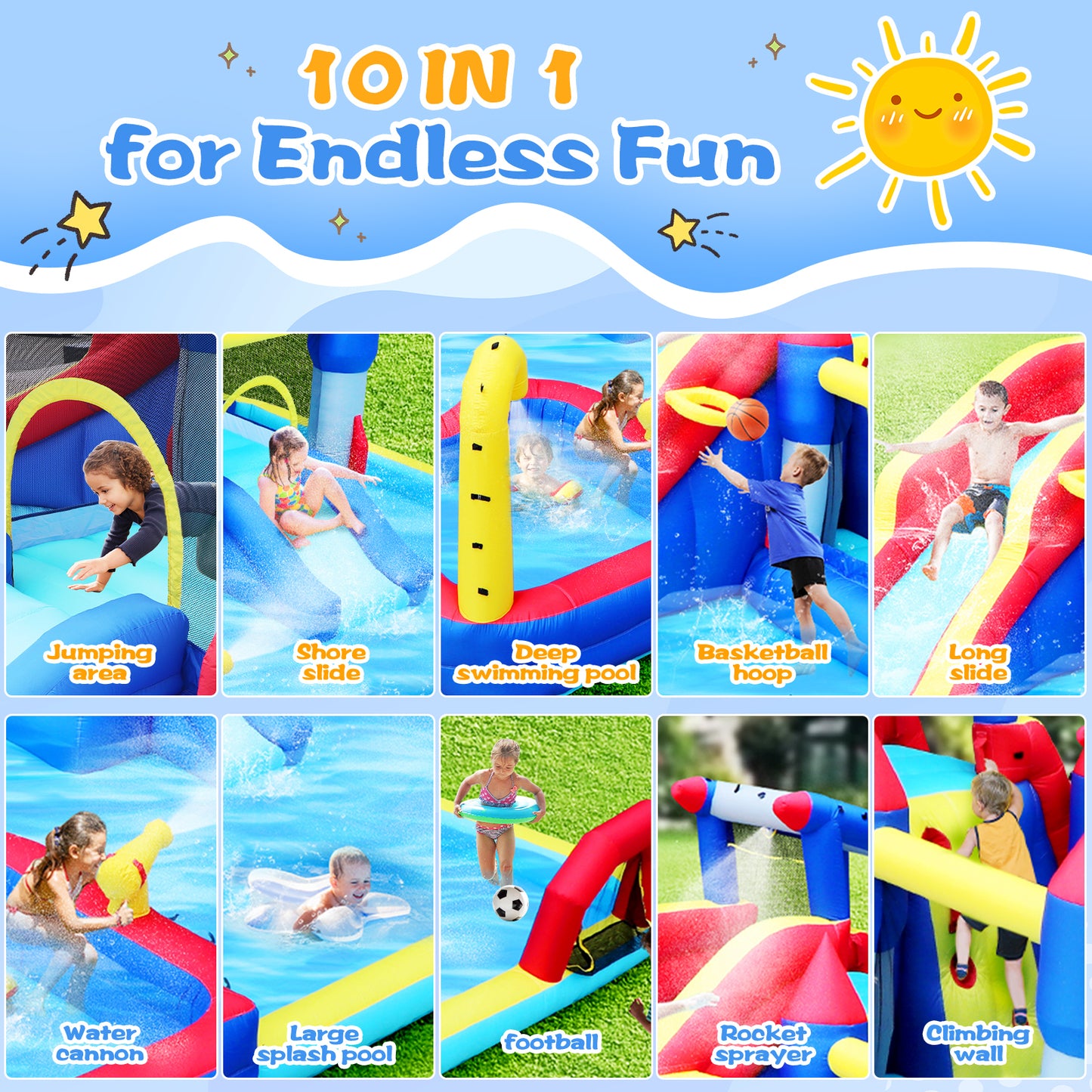 10 in1 Inflatable slide water park  bouncing house garden with splash pool & water gun & basketball & climbing wall & dual pools & soccer