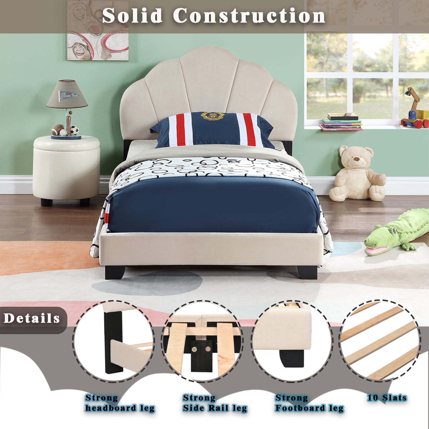 Upholstered Twin Size Platform Bed for Kids, with Slatted Bed Base, No Box Spring Needed, White color, Shell Design