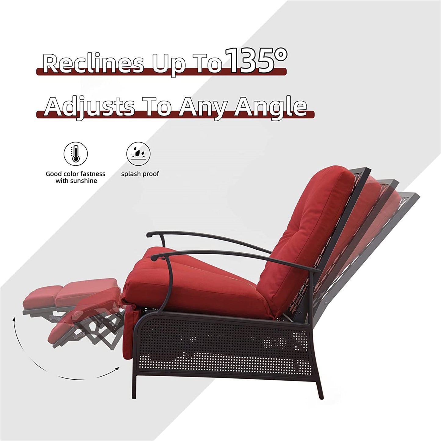 Patio Recliner Chair with Cushions,Outdoor Adjustable Lounge Chair,Reclining Patio Chairs with Strong Extendable Metal Frame for Reading,Garden,Lawn (Red, 1 Chair)