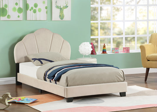 Upholstered Twin Size Platform Bed for Kids, with Slatted Bed Base, No Box Spring Needed, White color, Shell Design